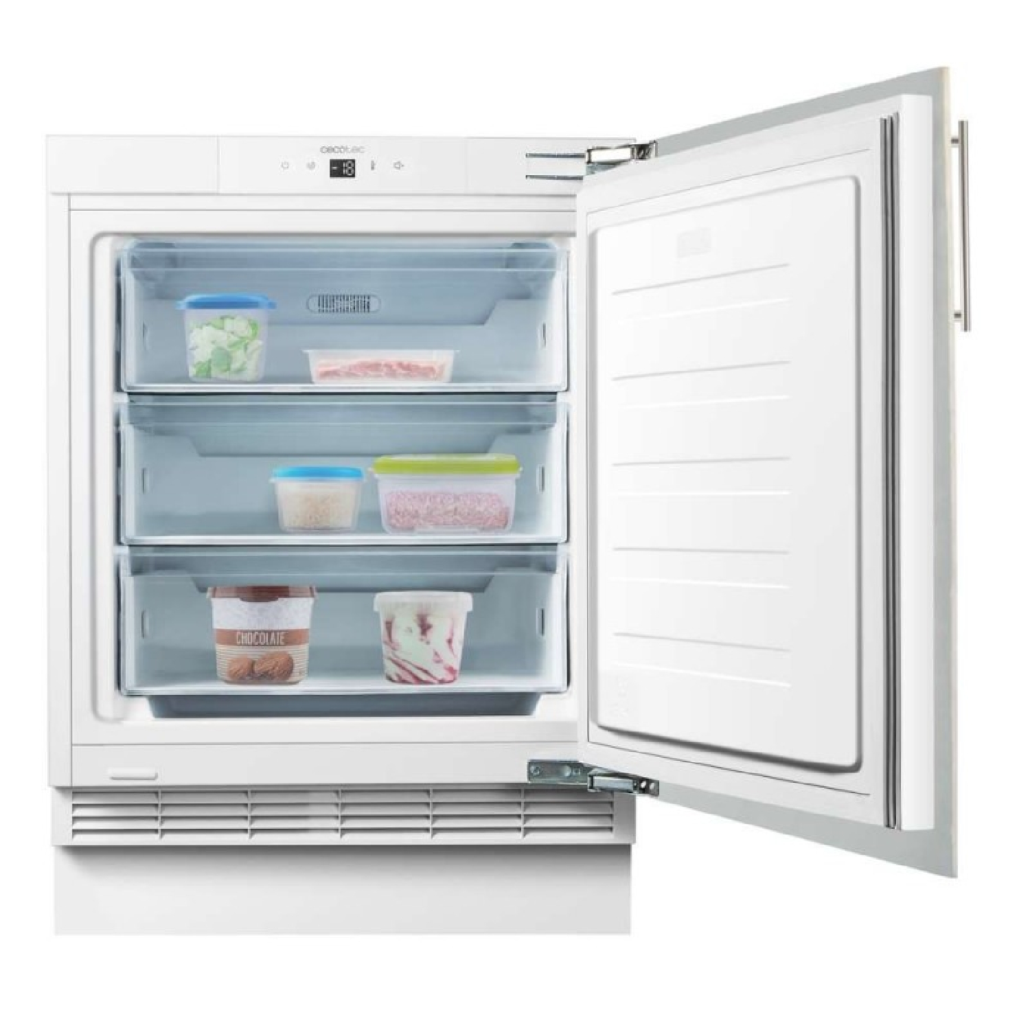 Un congelador blanco abierto con tres cajones llenos de comida como helado y carne.