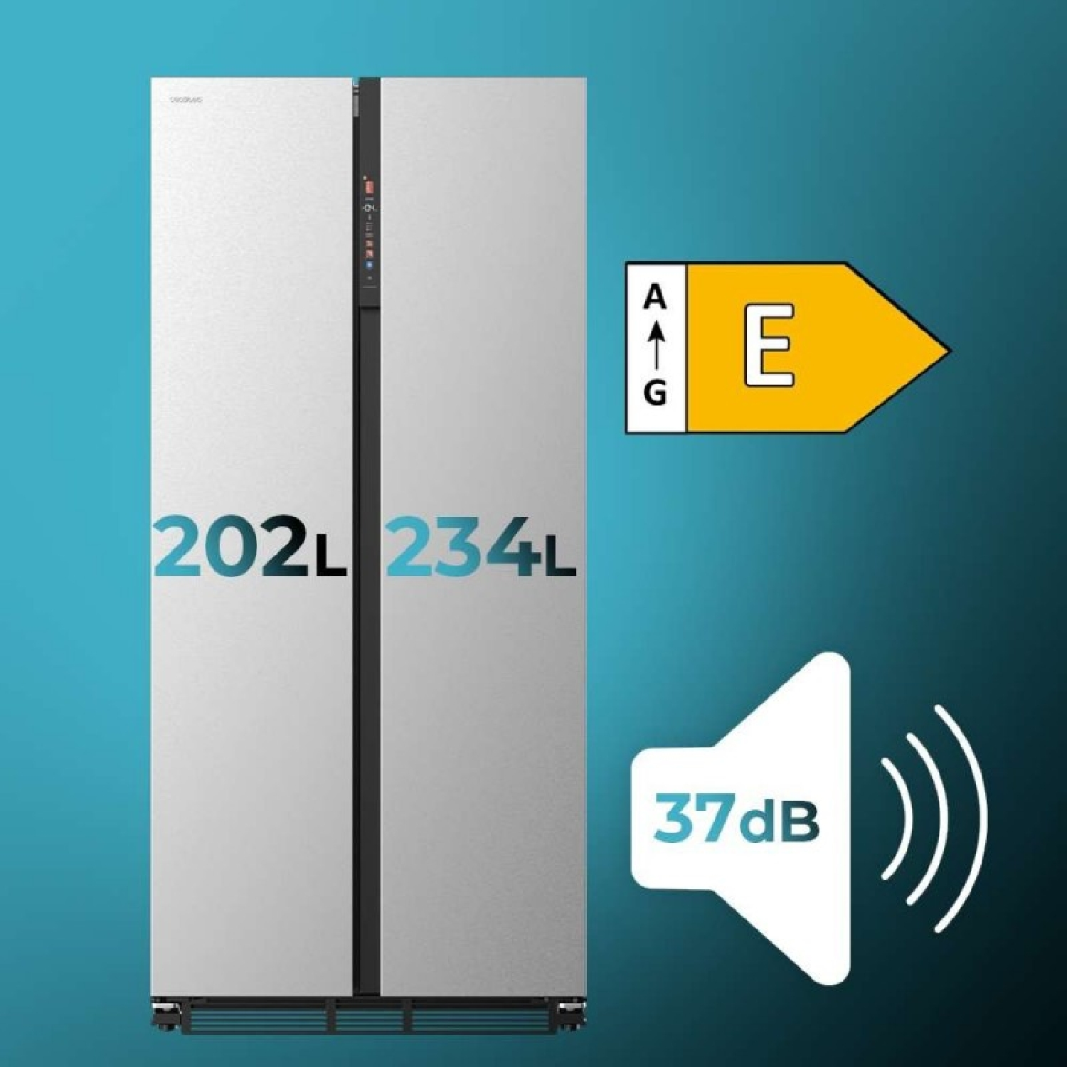 Srebrna lodówka o pojemności 202L i 234L, klasa energetyczna E, poziom hałasu 37dB.