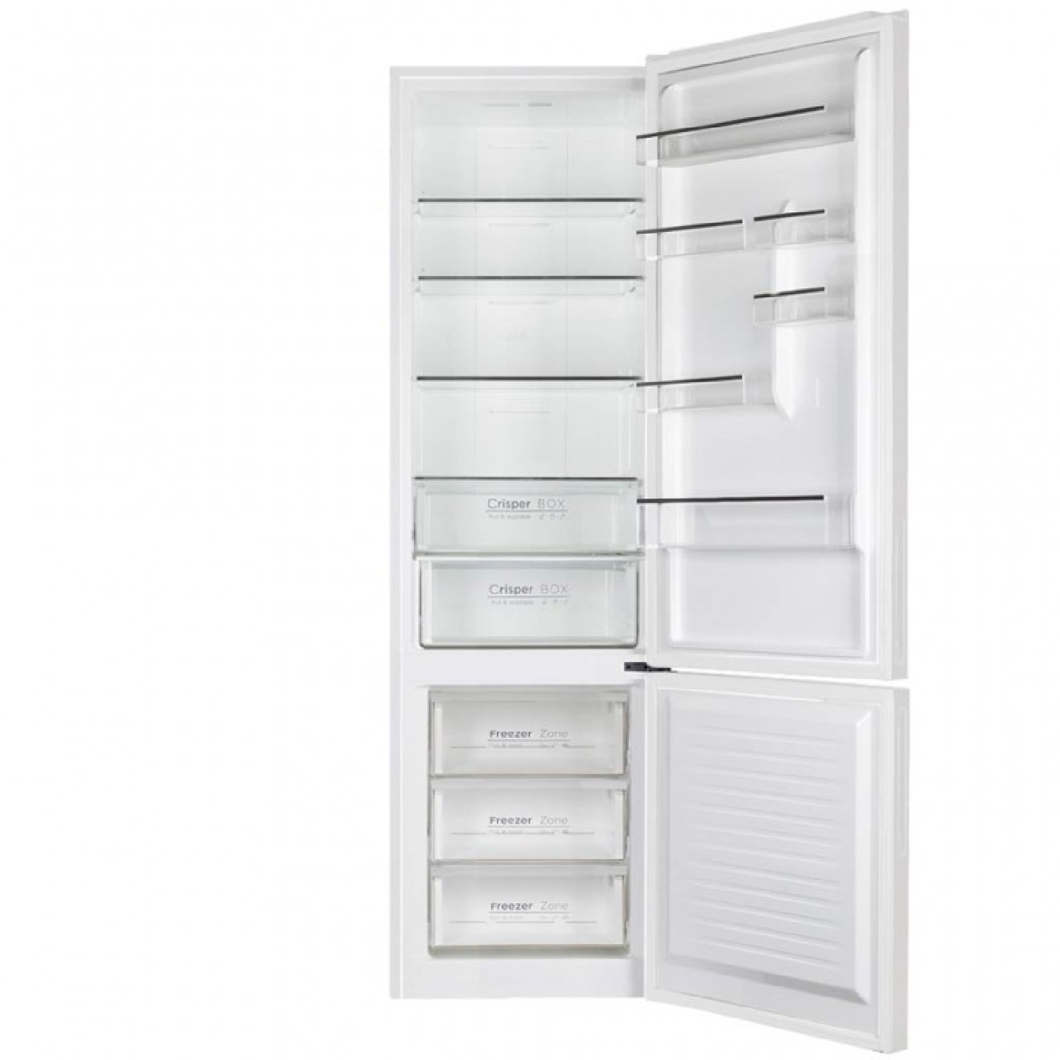 Refrigerador-congelador blanco con puerta abierta, estantes y cajones visibles.