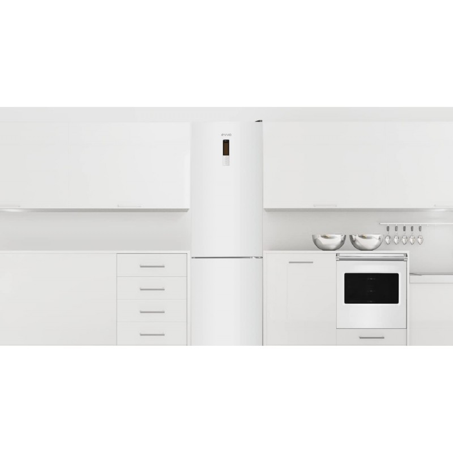 Cocina blanca con refrigerador, cajones, horno, cuencos y estante colgante.