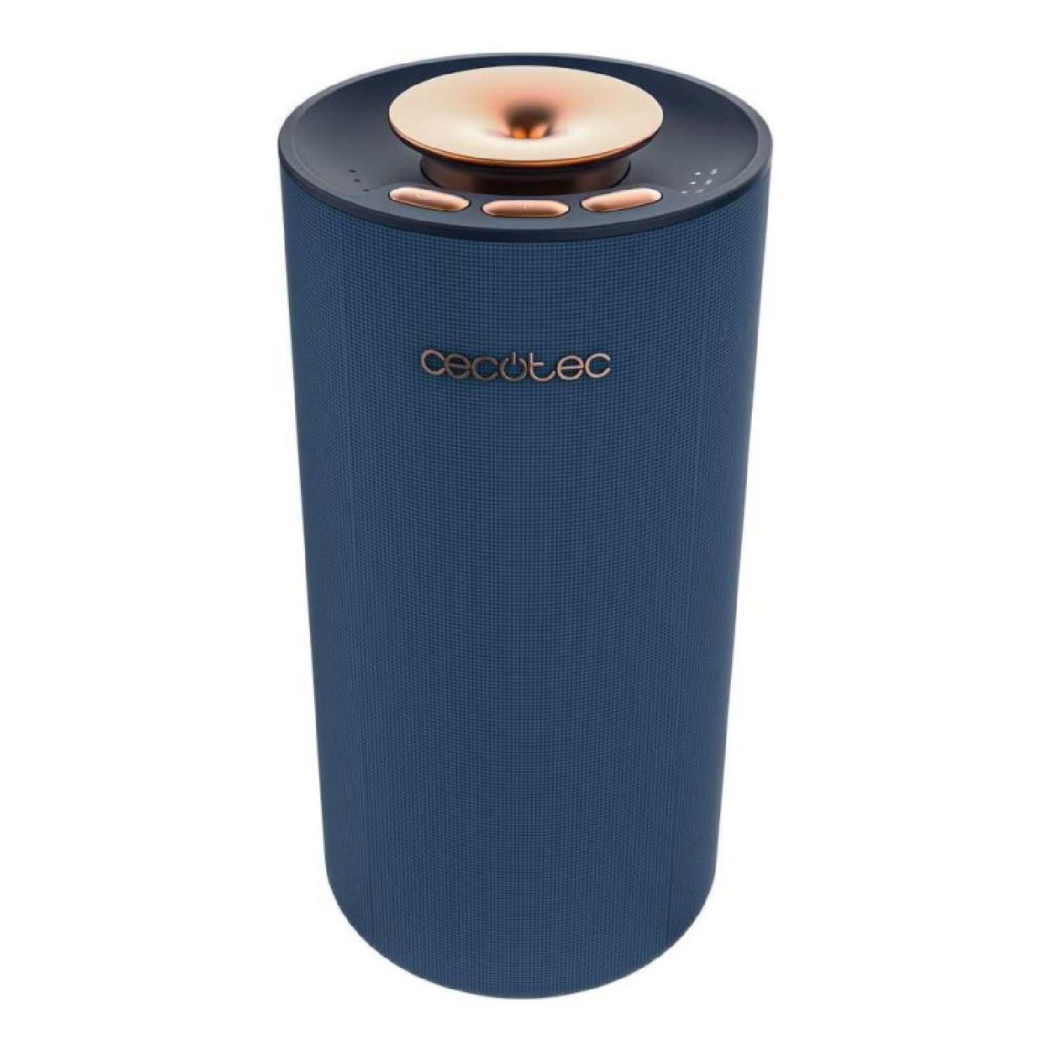Un diffusore cilindrico blu con accenti e pulsanti di controllo color rame.