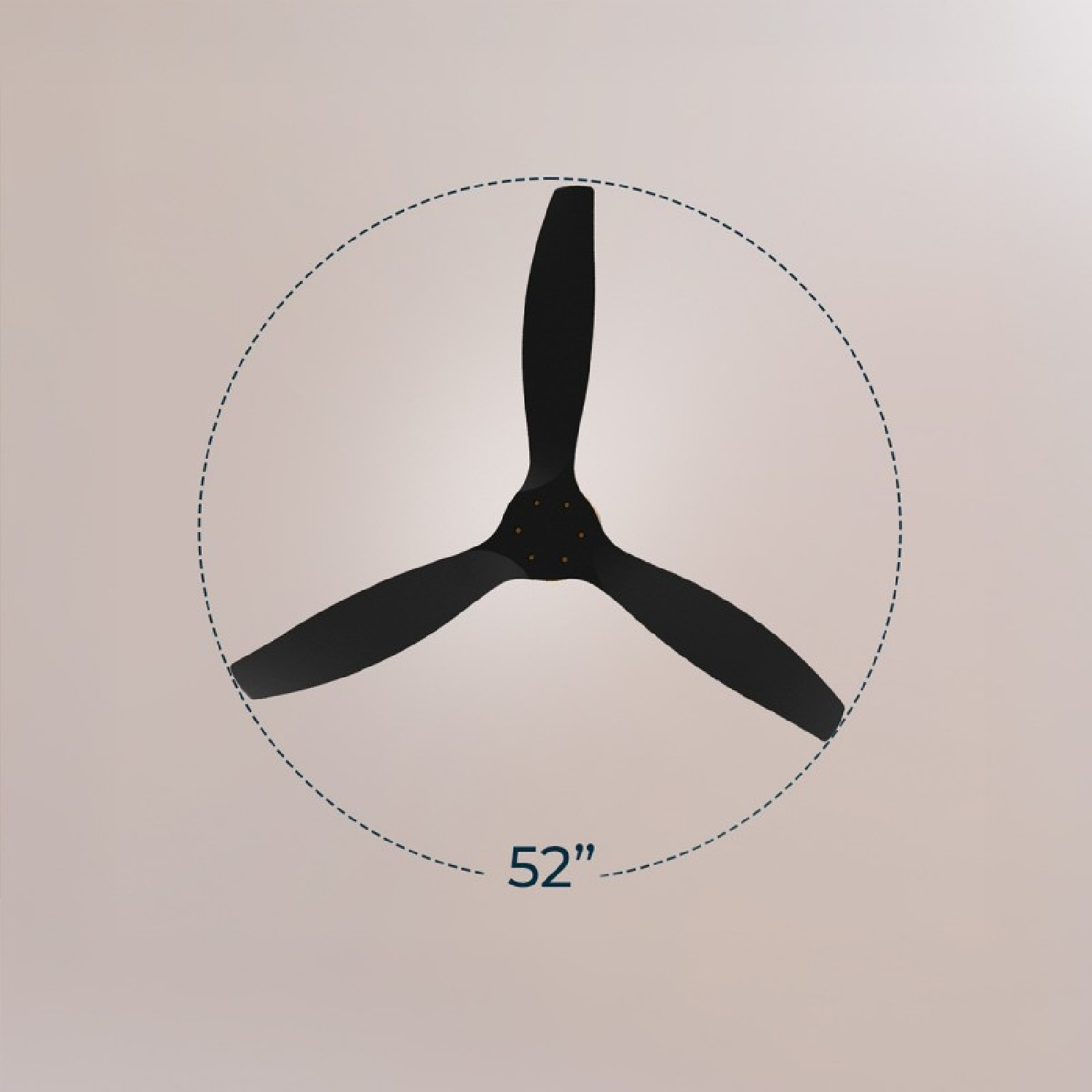 Ventilatore da soffitto nero a 3 pale, diametro 52 pollici, su sfondo neutro.