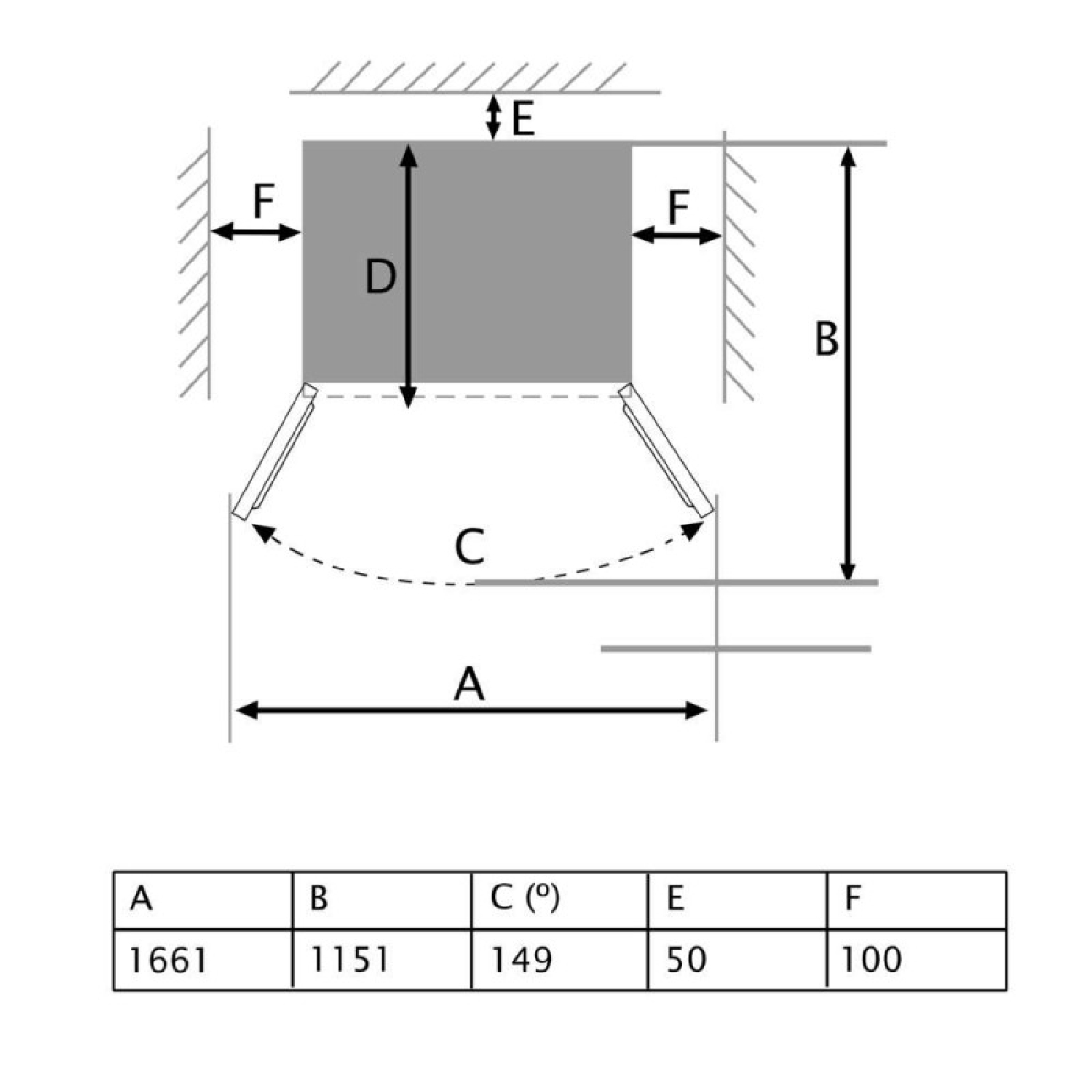 Diagram z wymiarami A, B, C, D, E, F i tabelą.