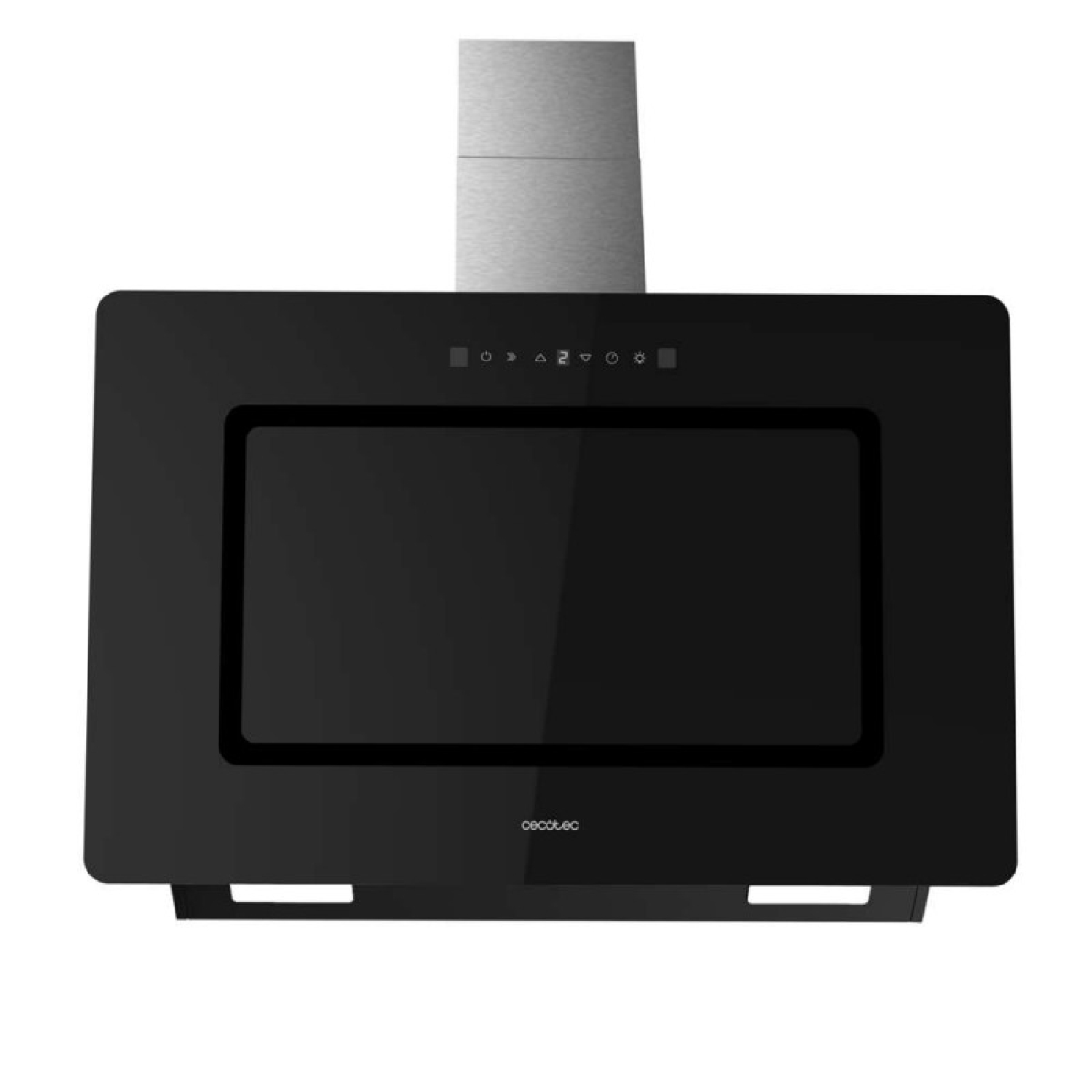 Cappa da cucina nera con touchscreen e camino argentato.