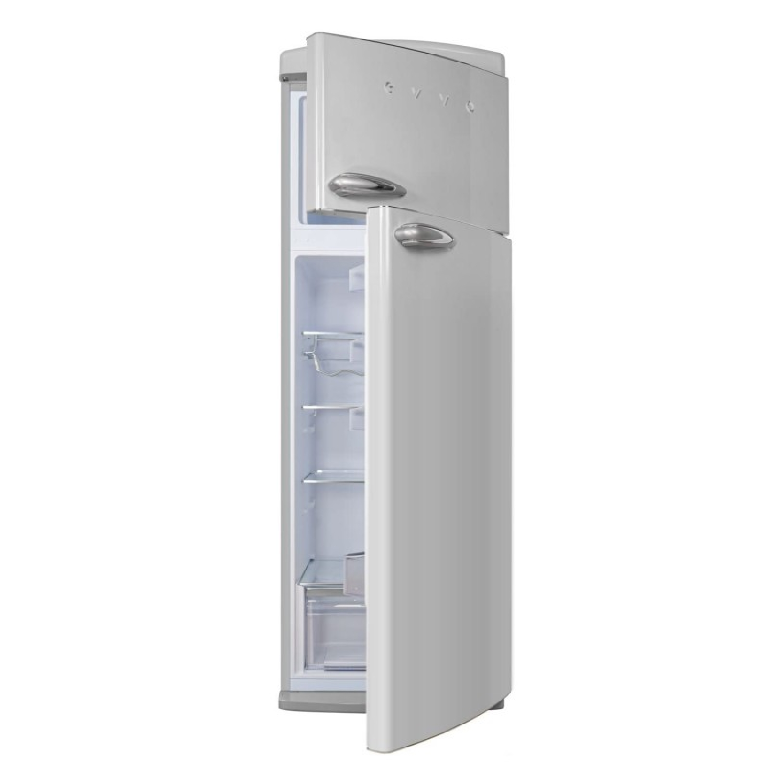 Un refrigerador plateado con la puerta abierta, mostrando estantes.