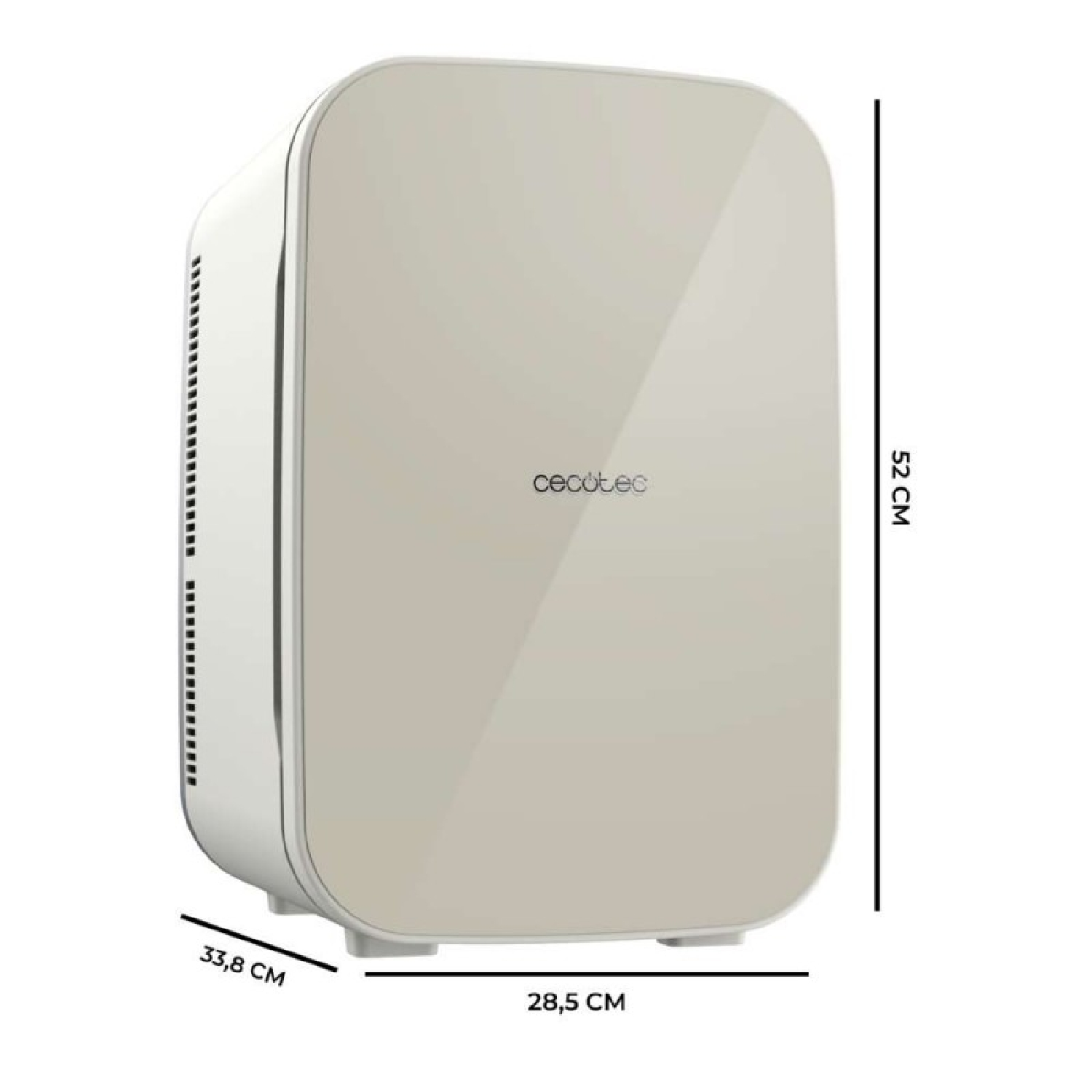 Un mini frigorifero beige con dimensioni 52 x 33,8 x 28,5 cm.
