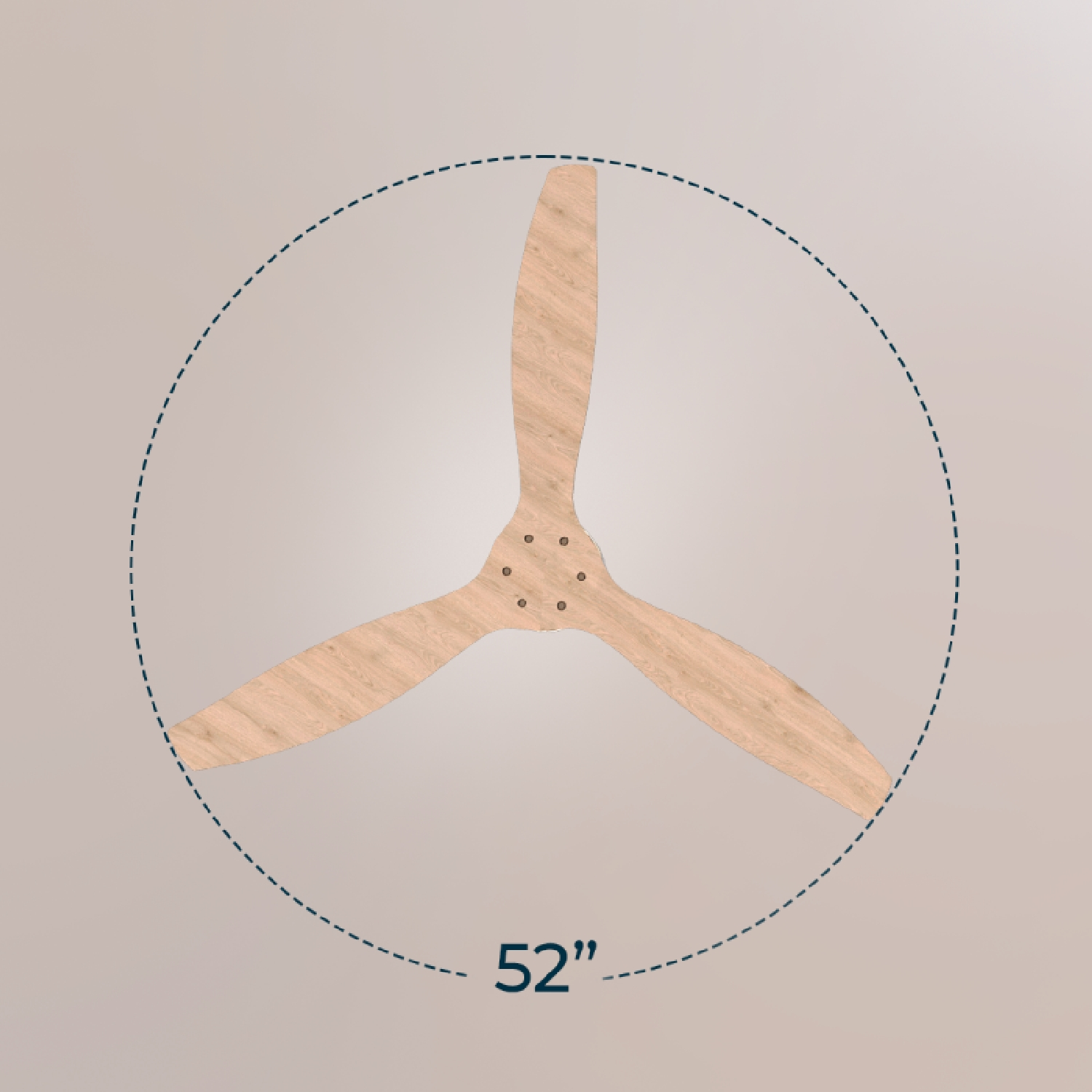 Un ventilatore da soffitto in legno a tre pale, diametro 52 pollici.