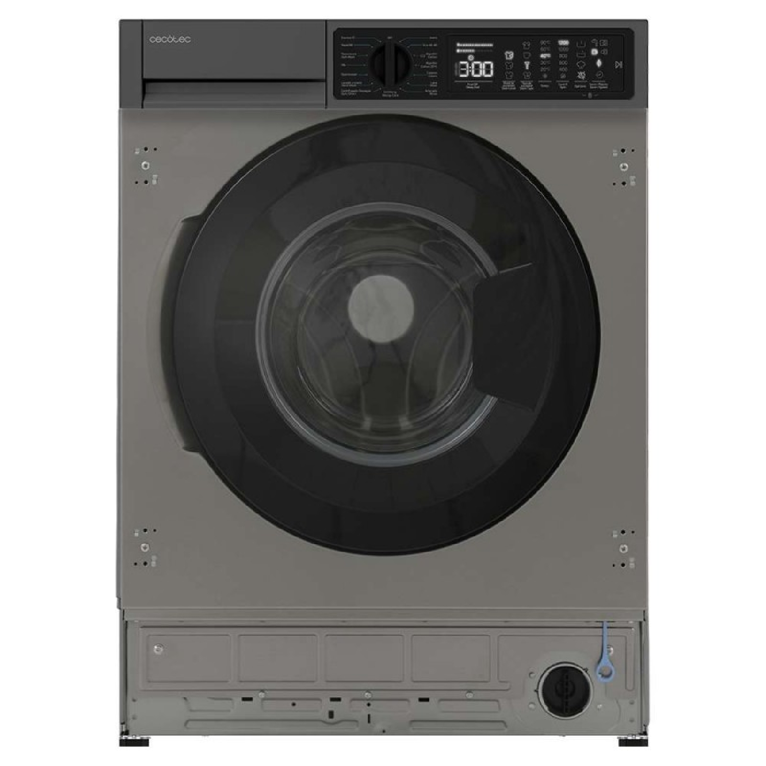 Lavadora gris con puerta negra y panel de control digital.