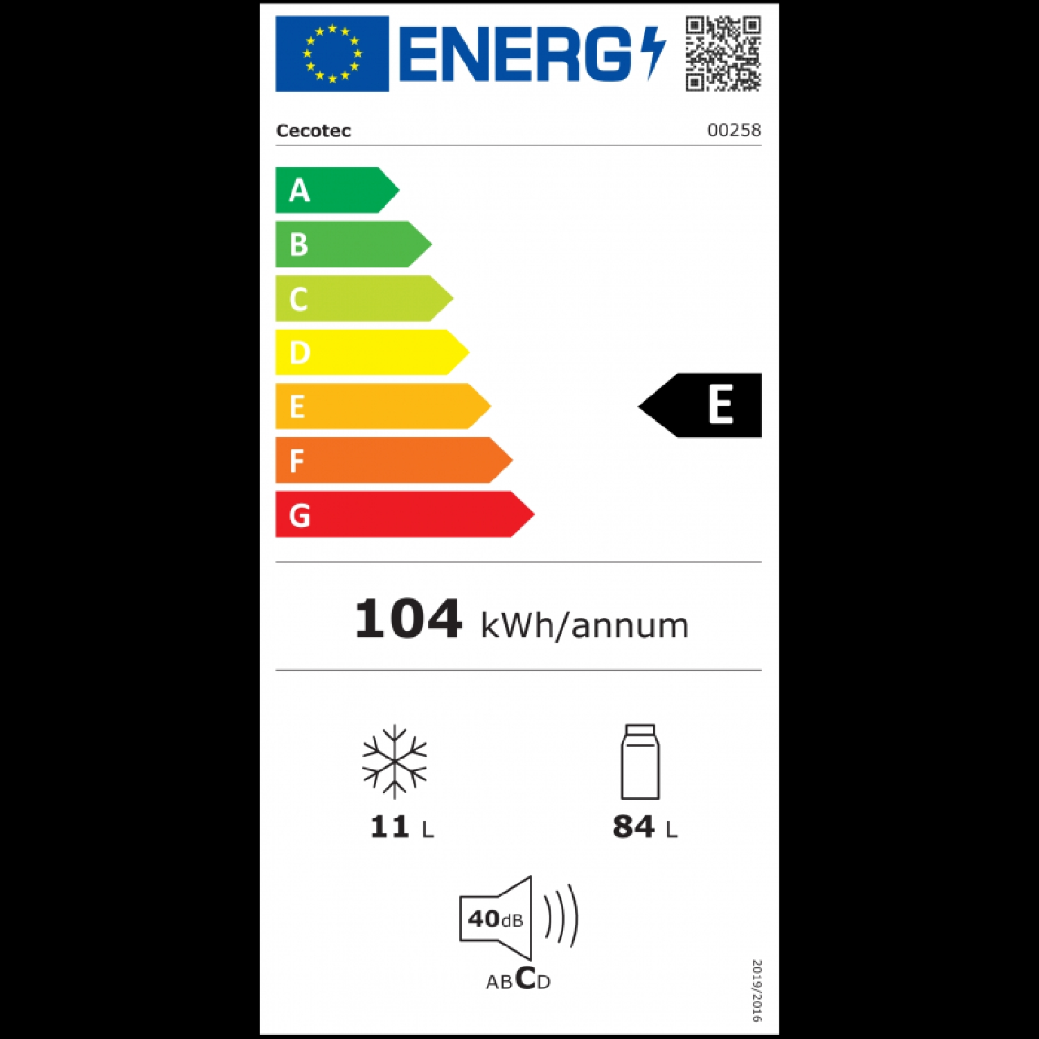 Etykieta energetyczna: Klasa E, 104 kWh/rok, zamrażarka 11L, lodówka 84L, 40dB.