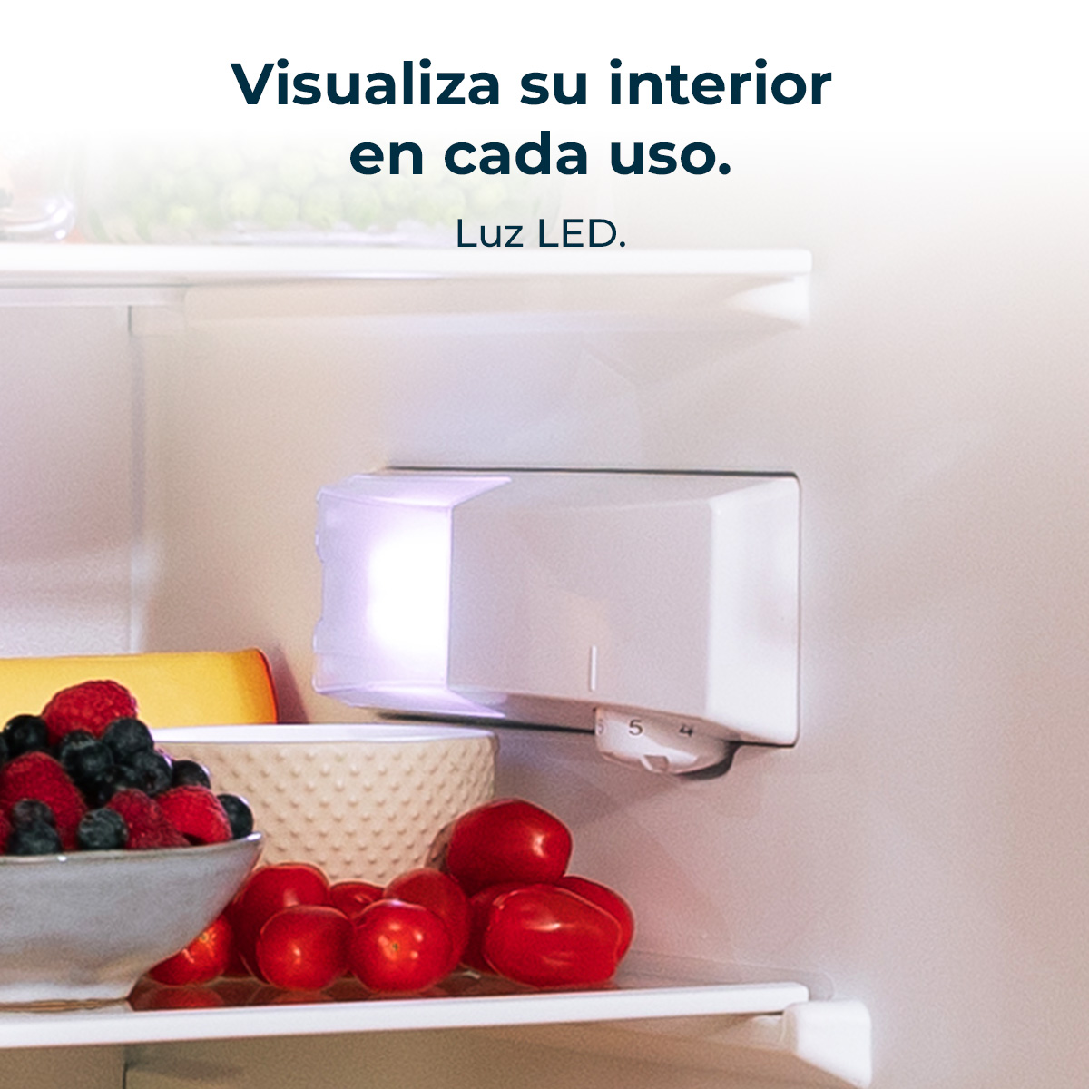 Vista interna di un frigorifero con bacche, pomodori, formaggio e luce LED.