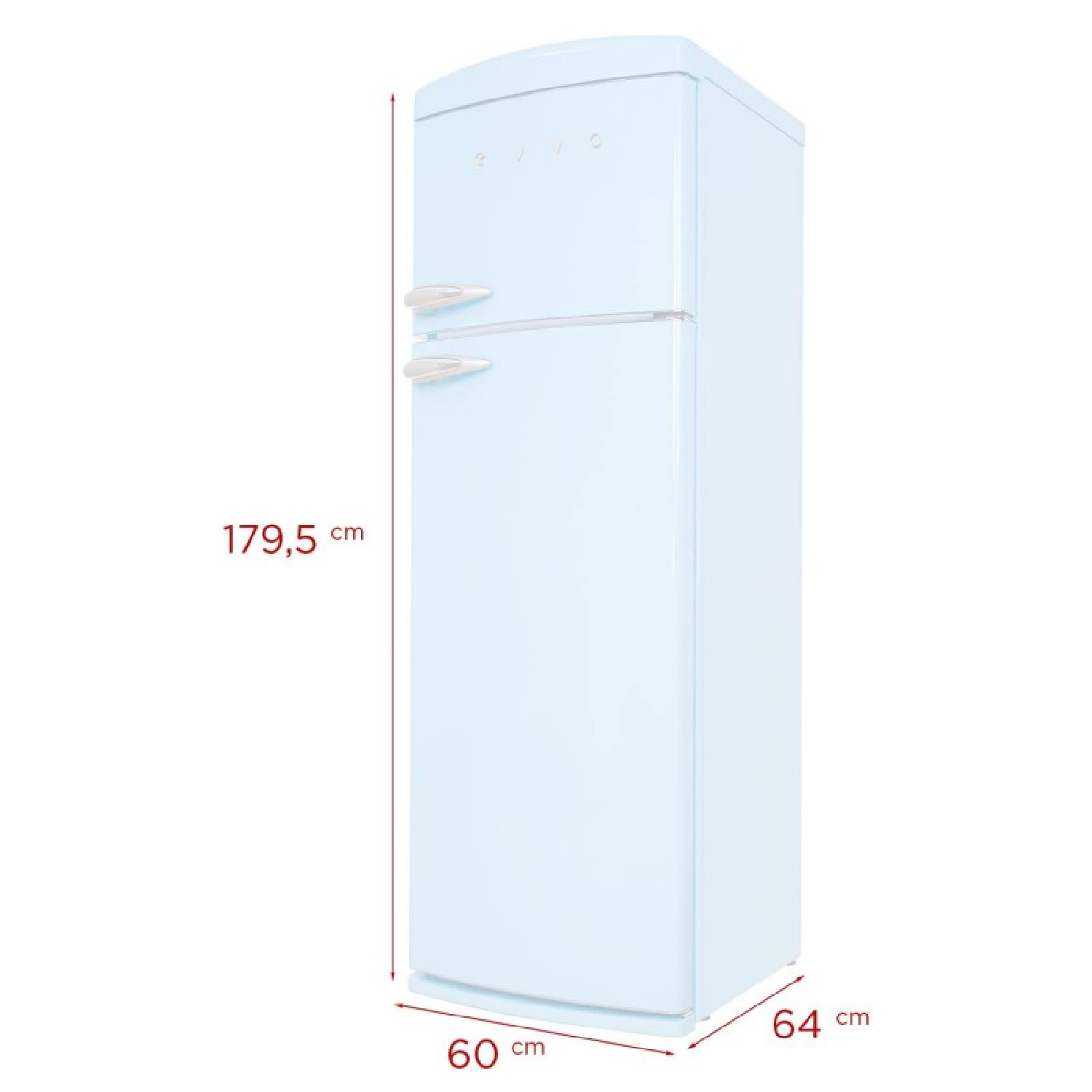 Un refrigerador retro azul claro con dos puertas y tiradores plateados. Se muestran dimensiones.