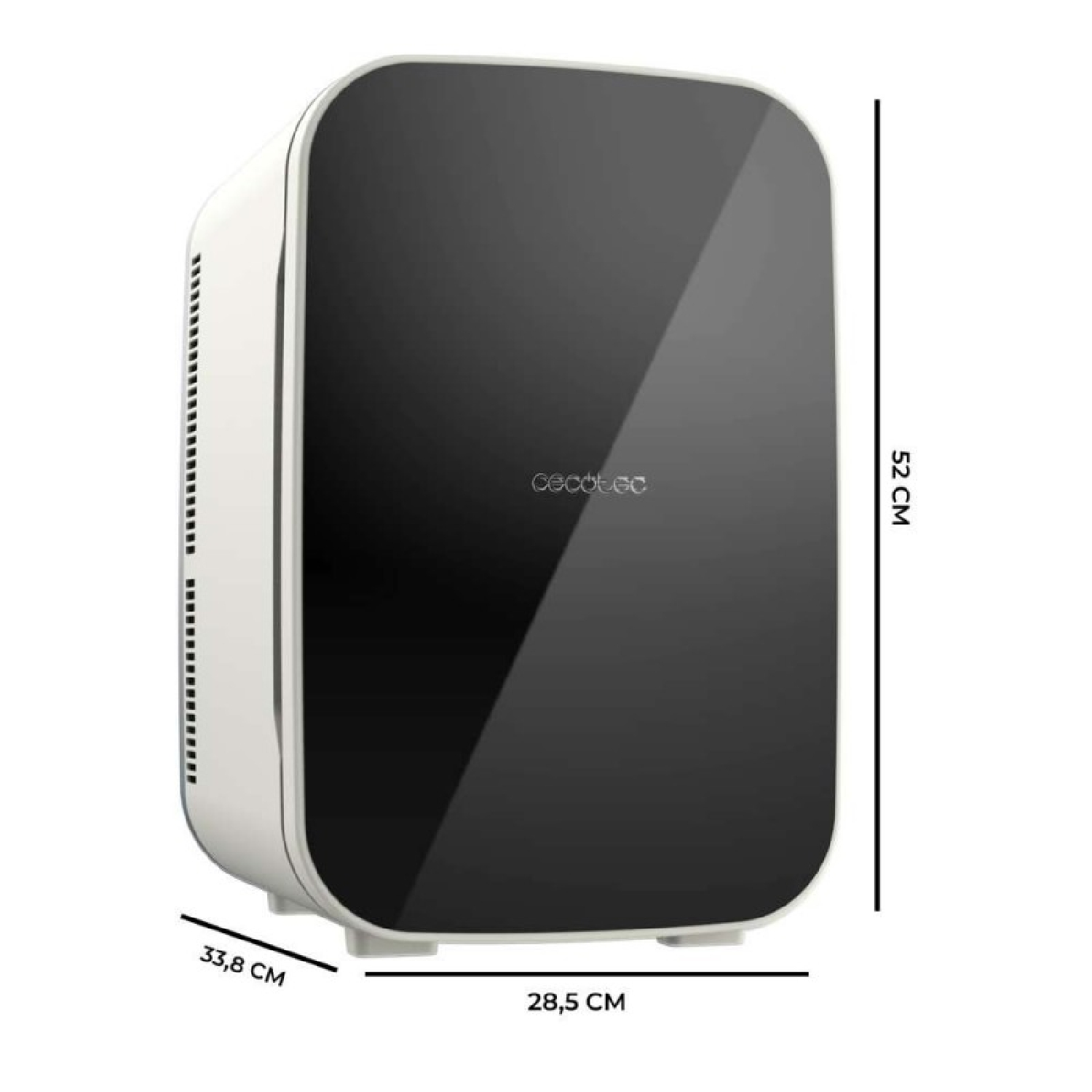 Nevera blanca con puerta negra, dimensiones 52x28.5x33.8 cm.