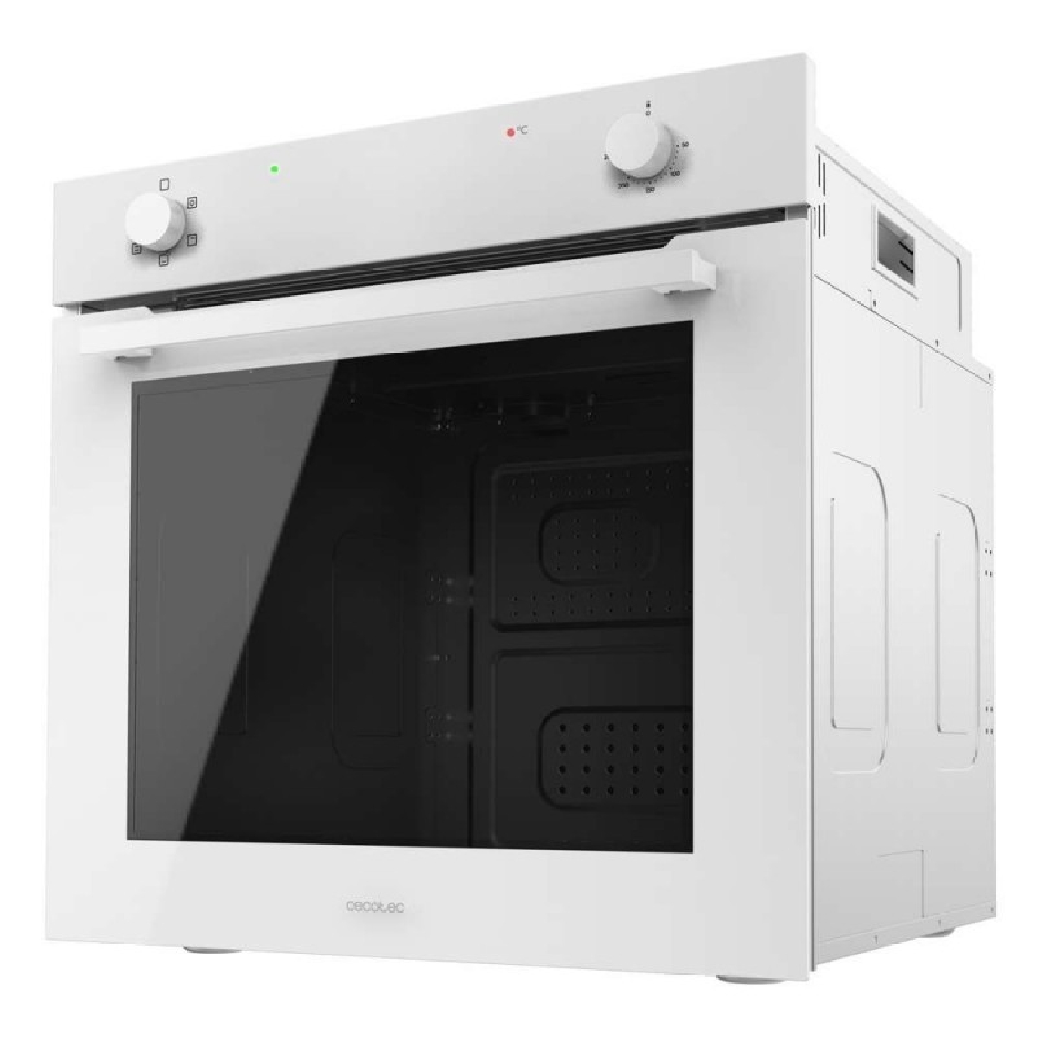 Un horno empotrado blanco con puerta de cristal y mandos arriba.