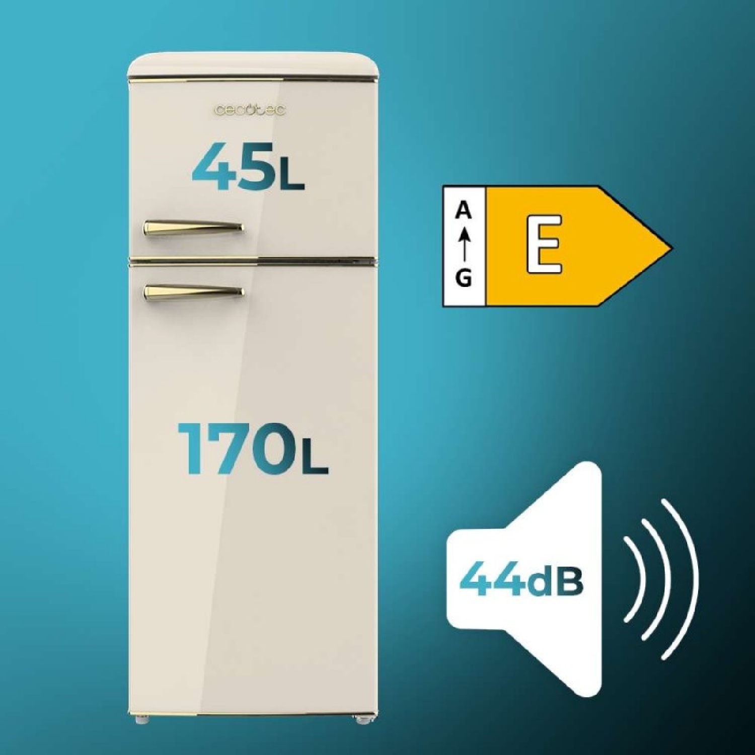 Kremowa lodówka o pojemności 45L i 170L, klasa energetyczna E, 44dB.