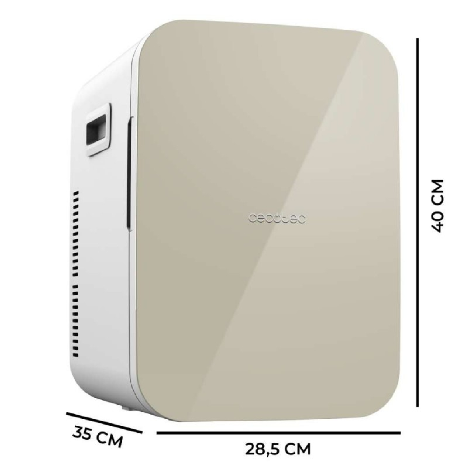 Un mini-frigo piccolo color crema, dimensioni 35x28,5x40cm.