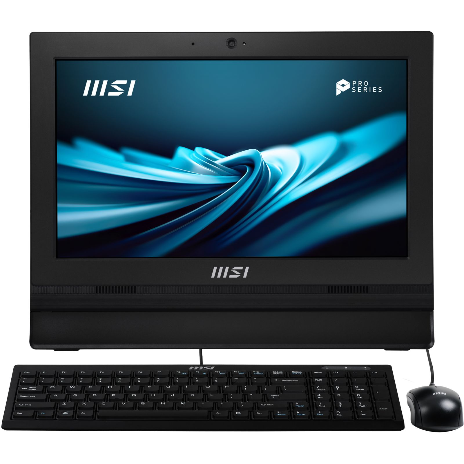 Ein schwarzer MSI All-in-One-PC mit Tastatur und Maus. Abstrakter blauer Hintergrund.