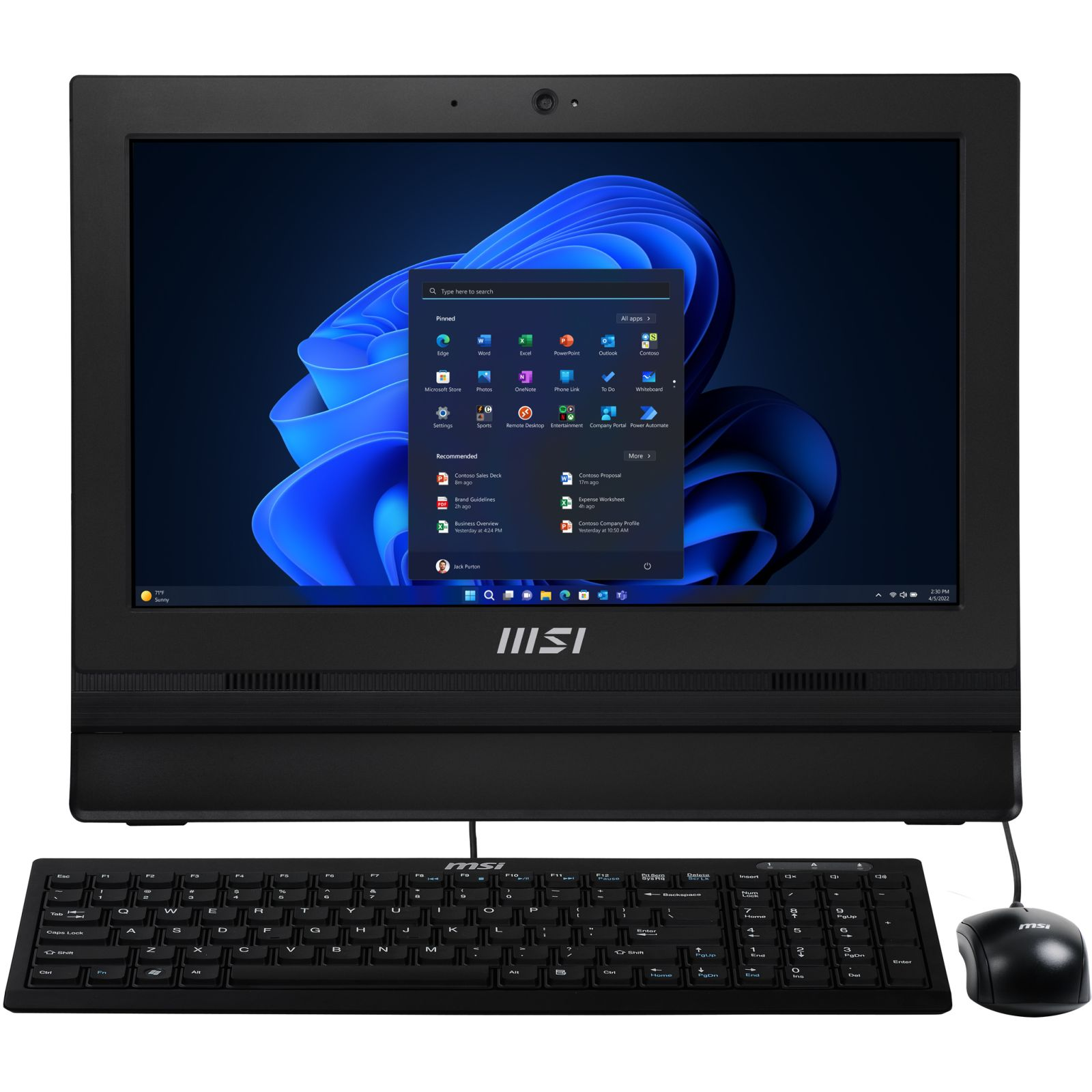Schwarzer MSI All-in-One-PC mit Tastatur und Maus auf einem Schreibtisch.