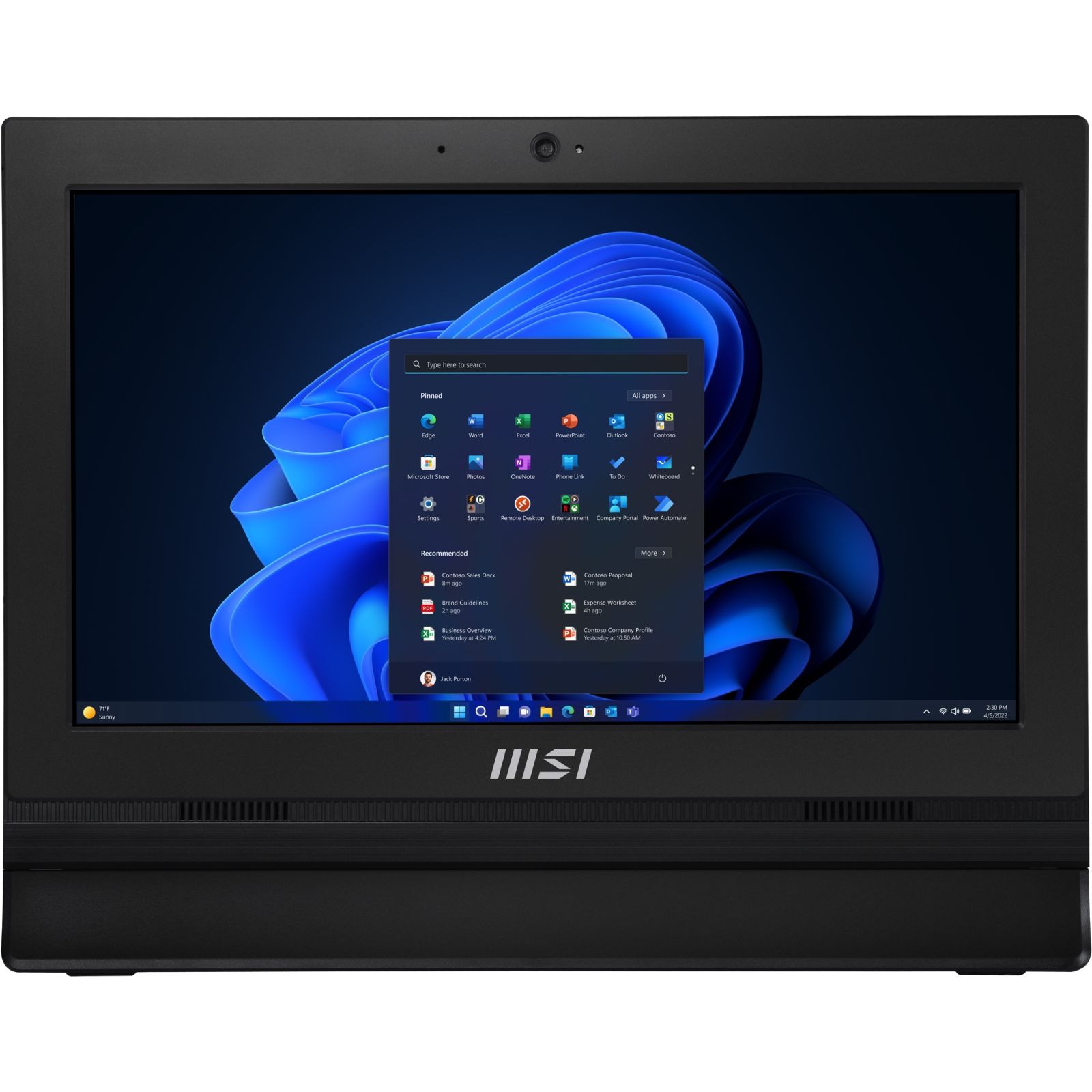 Ein schwarzer All-in-One-Computer mit Windows 11 und geöffnetem Startmenü. Links unten ist das Wetter zu sehen.