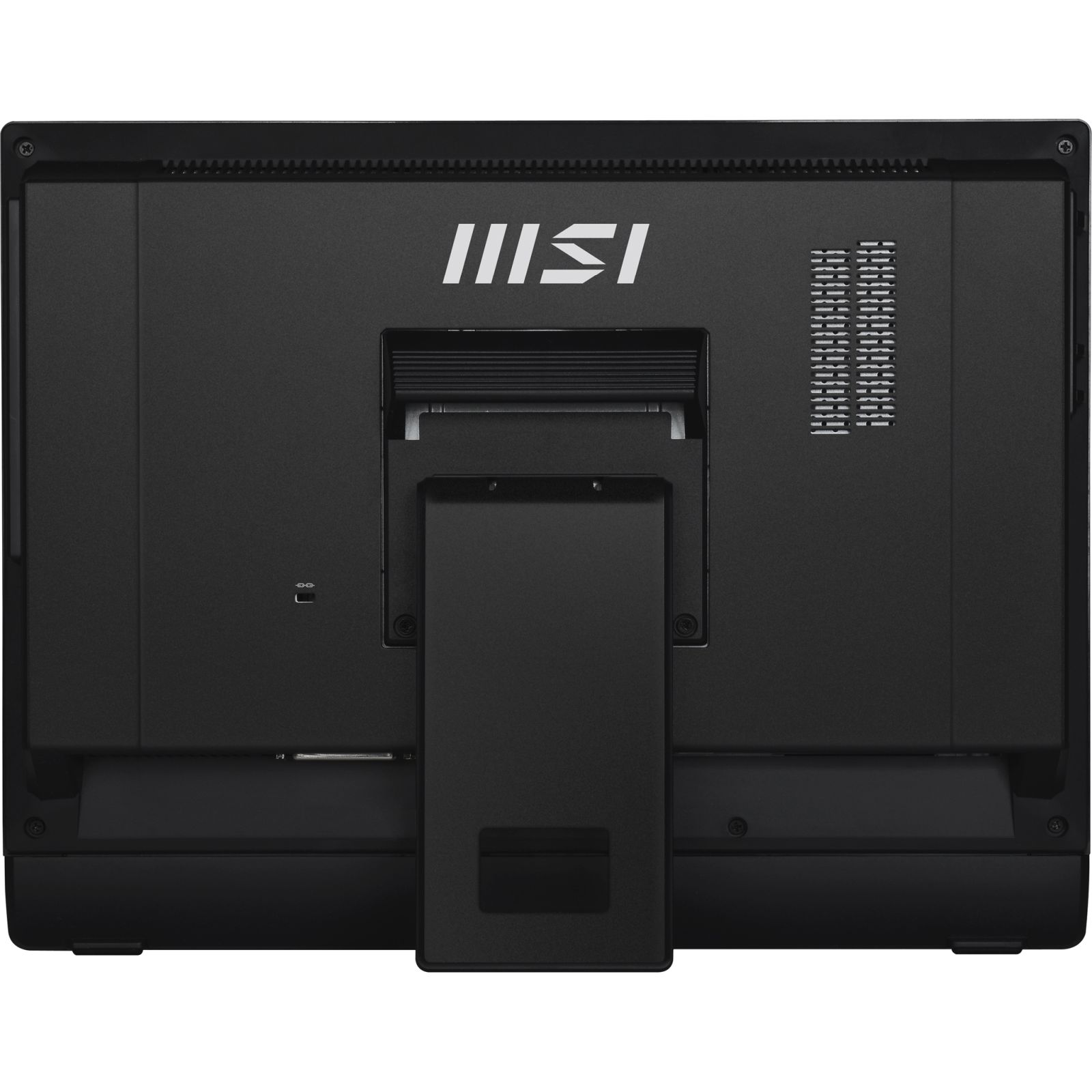 Rückseite eines schwarzen MSI All-in-One-Computers mit Anschlüssen und Lüftungsschlitzen.