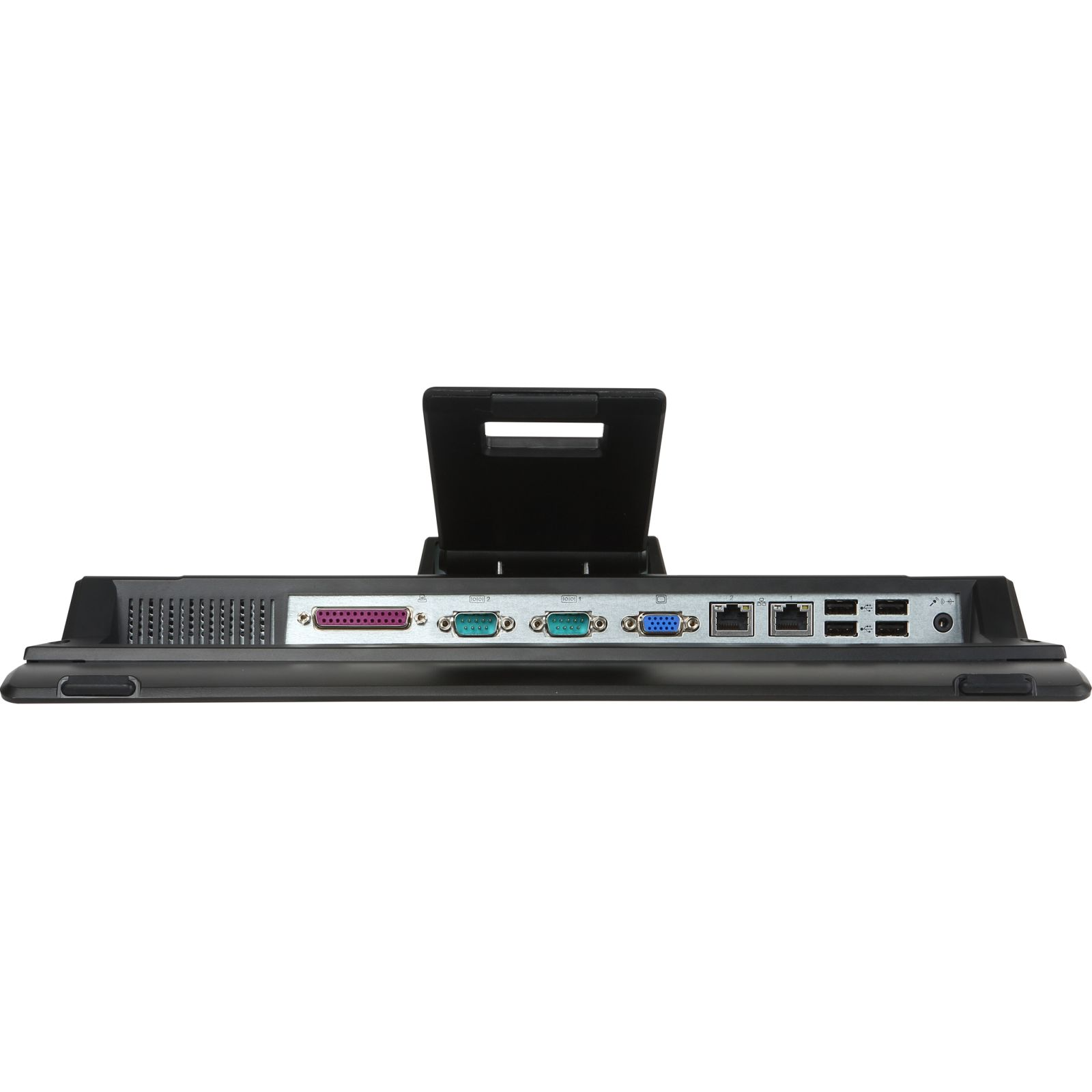 Rückseite eines Monitors mit Anschlüssen: Parallelport, 2x seriell, VGA, 2x Ethernet, 4x USB, Strom.