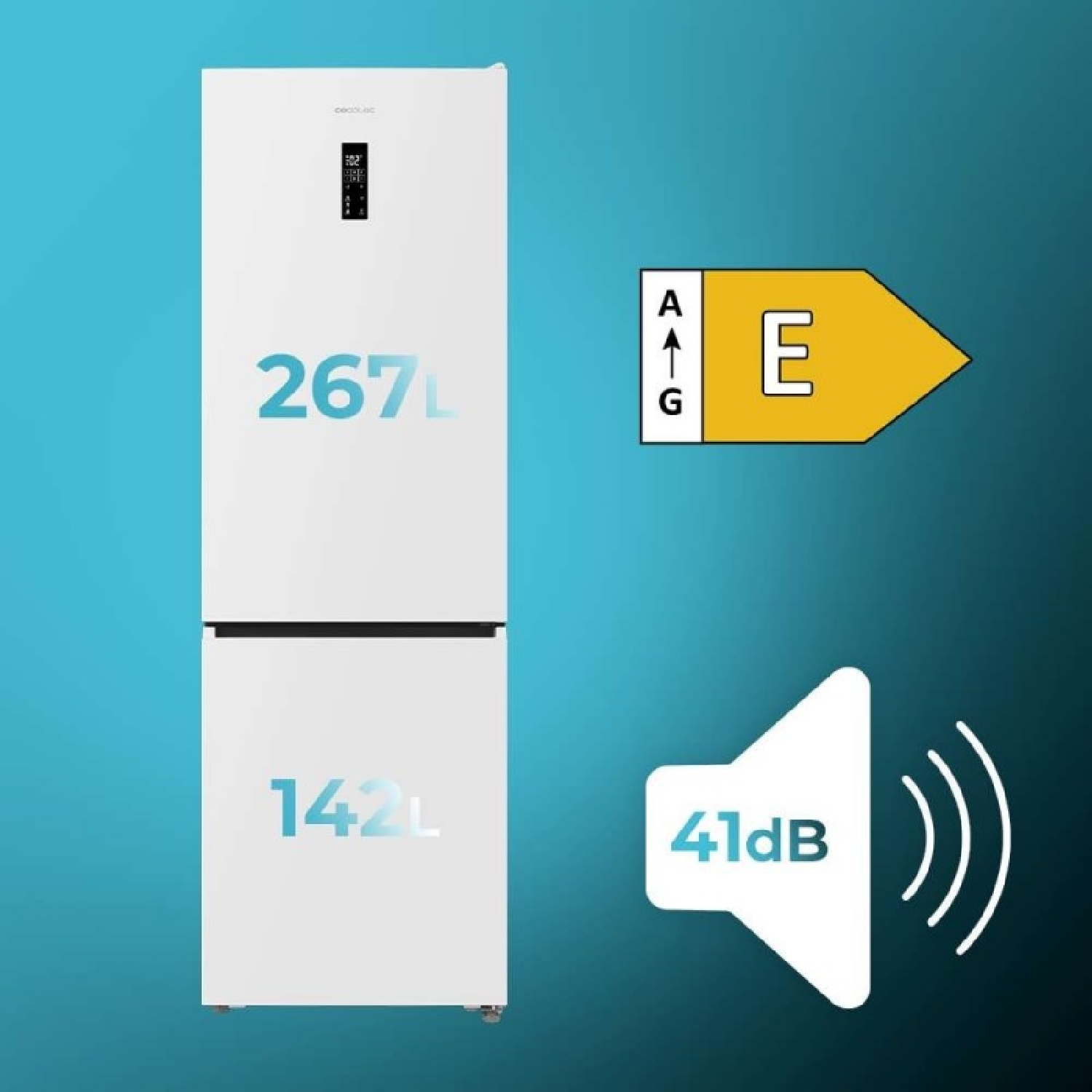 Un frigorífico combinado blanco con etiqueta energética E y 41 dB.