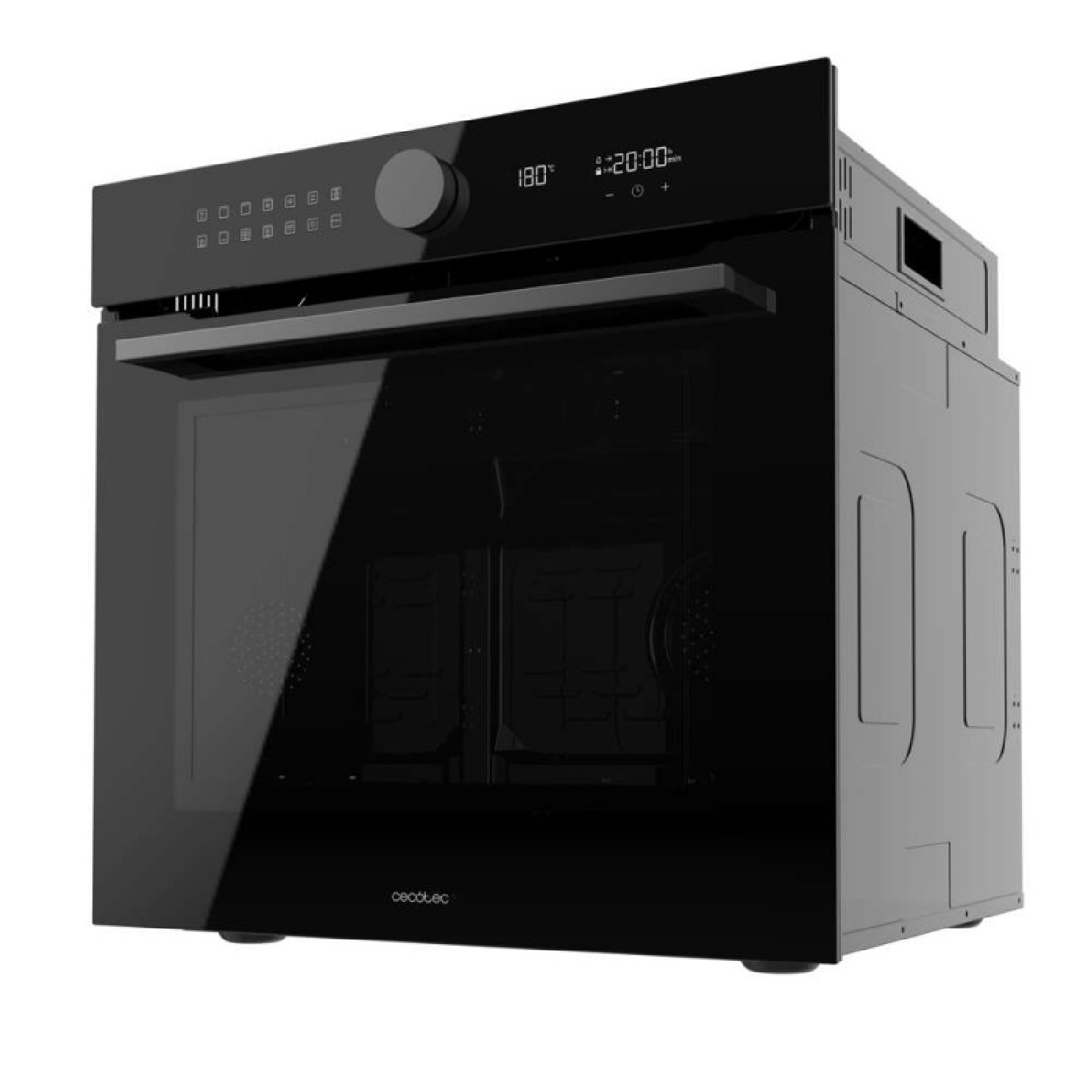 Un moderno forno da incasso nero con porta in vetro e display digitale.