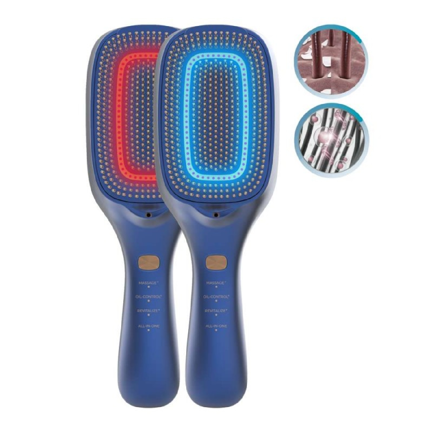 Due spazzole per capelli blu con luci rosse e blu, primi piani dei capelli.