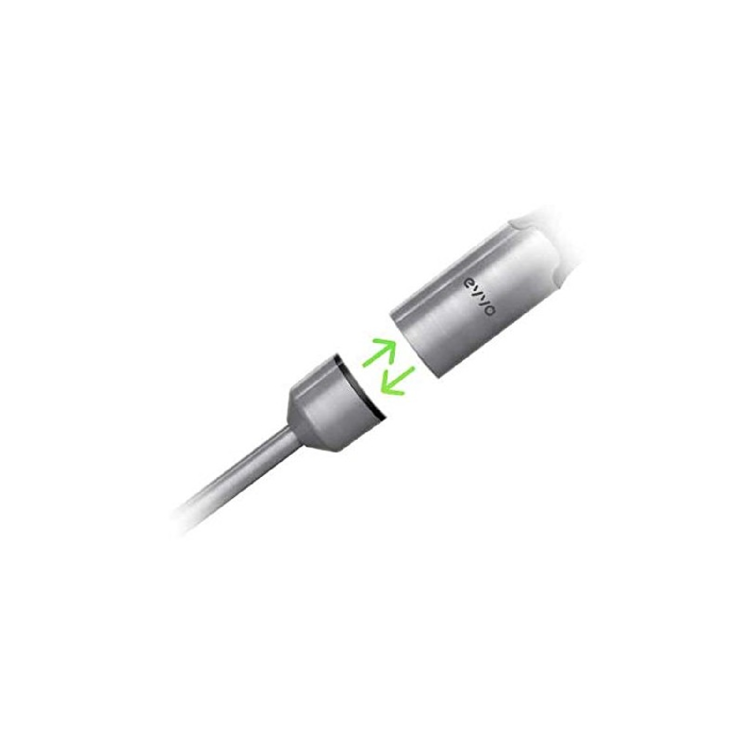 Un conector metálico con flechas verdes indicando conexión.