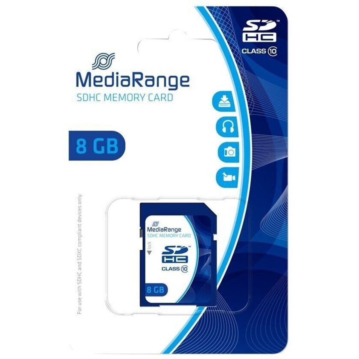 MediaRange 8 GB SDHC Speicherkarte in Blisterverpackung mit Symbolen.
