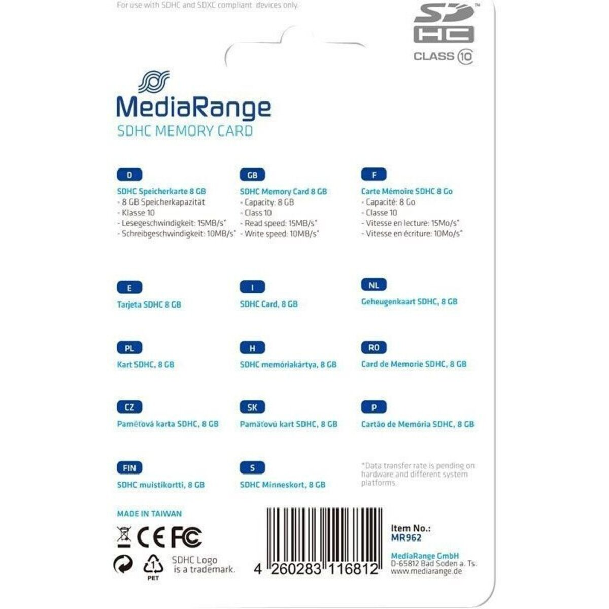 Verpackung einer MediaRange SDHC Speicherkarte 8 GB mit mehreren Sprachen.