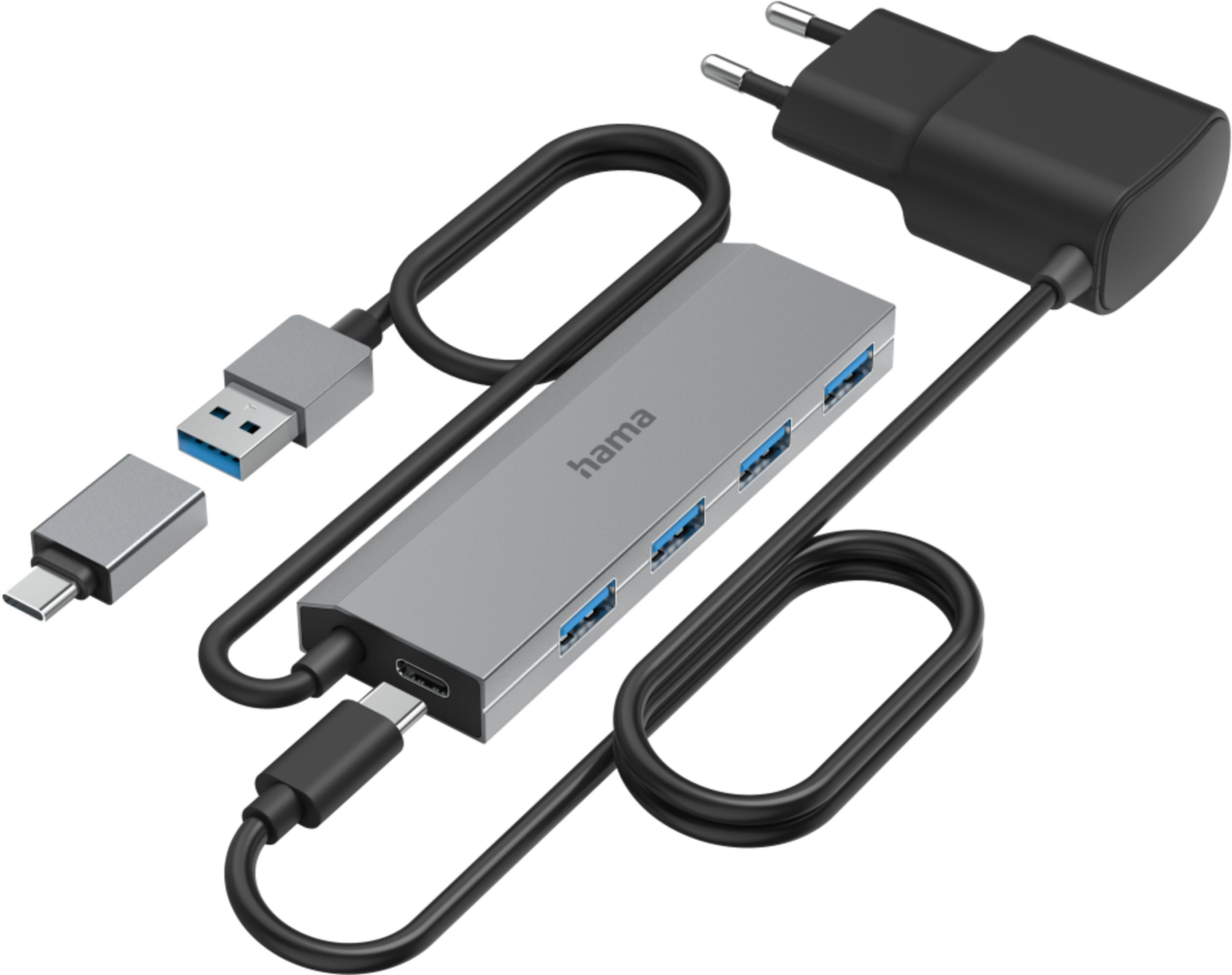 Szary hub USB-C z czterema portami USB-A i zasilaczem.