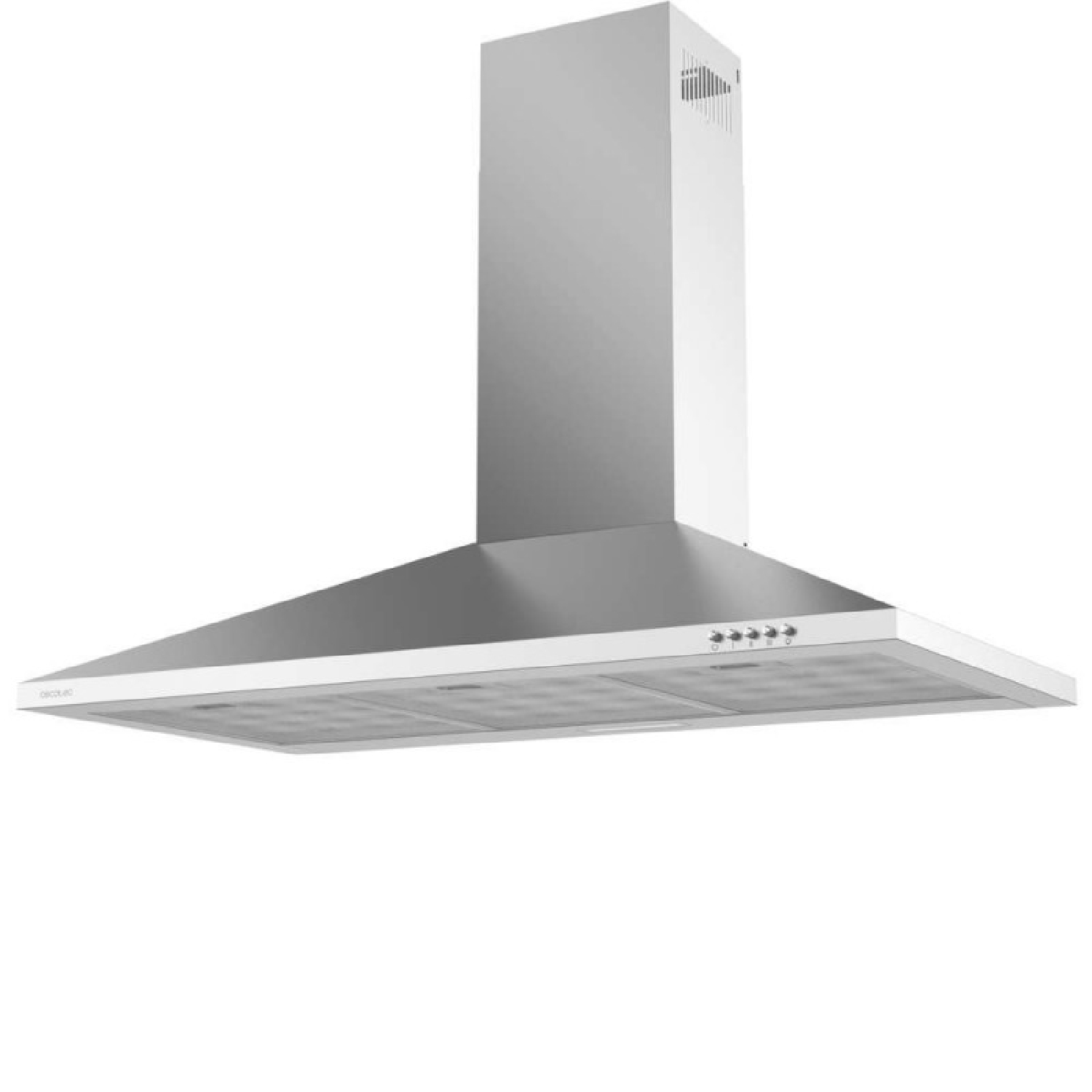 Campana extractora de acero inoxidable con forma rectangular y botones de control al frente.
