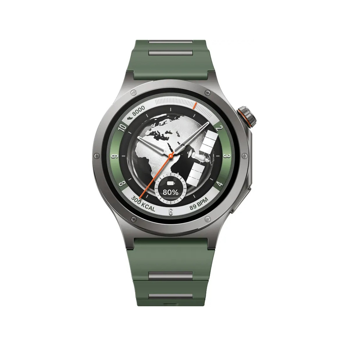 Orologio intelligente verde con quadrante mappa del mondo, 300 kcal, 89 BPM, 80% batteria.