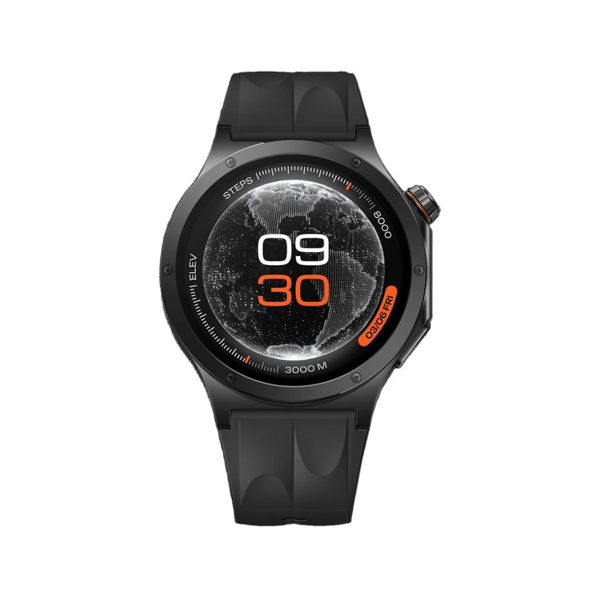 Un reloj inteligente negro con esfera de mapa mundial que muestra pasos, elevación, fecha y hora.
