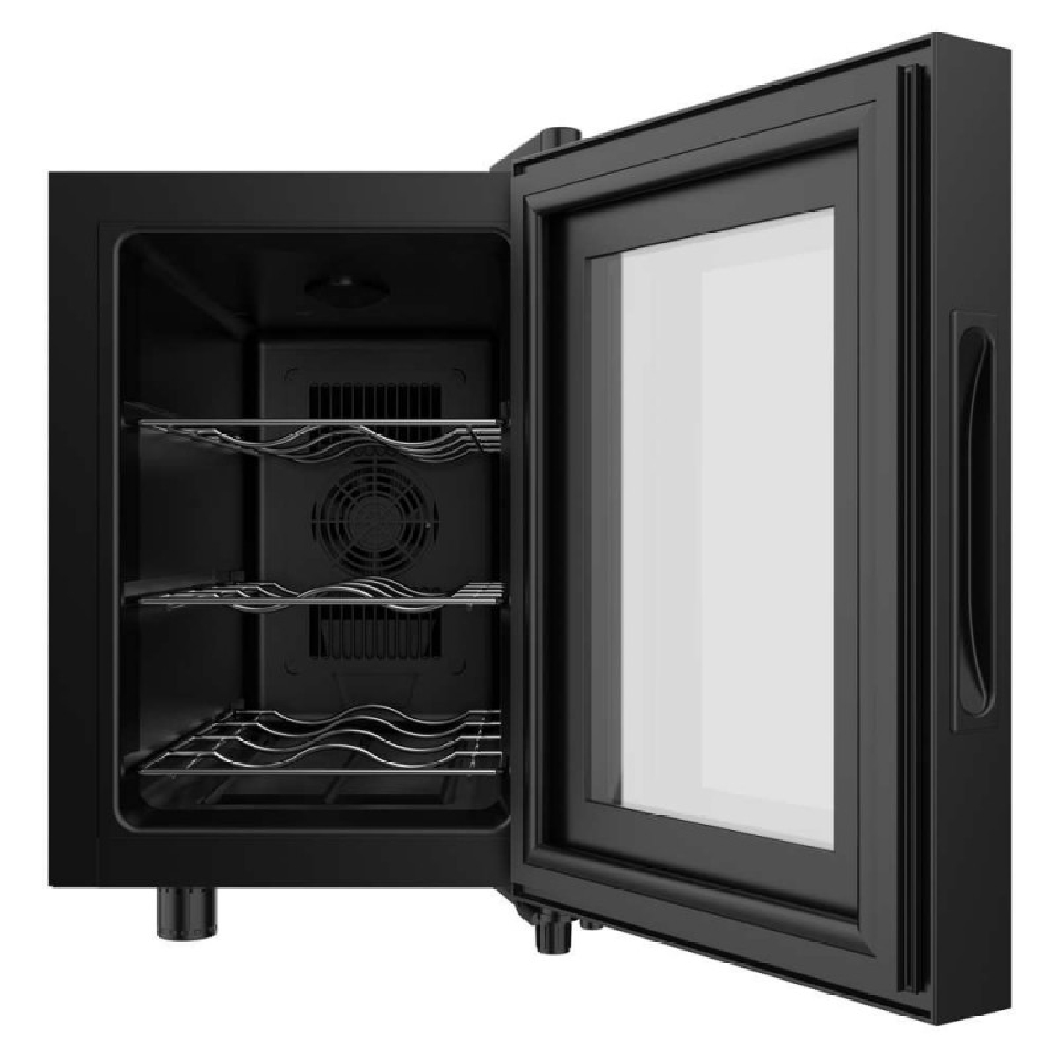 Mini frigorifero nero con porta aperta che rivela ripiani e ventola.