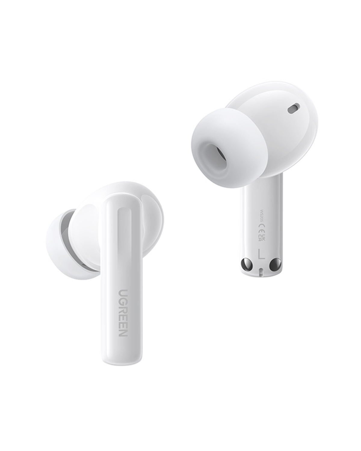 Dwa białe słuchawki UGREEN na białym tle.