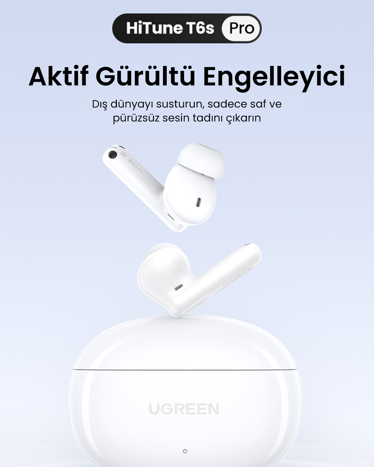 Białe słuchawki UGREEN HiTune T6s Pro z etui ładującym, aktywna redukcja szumów.