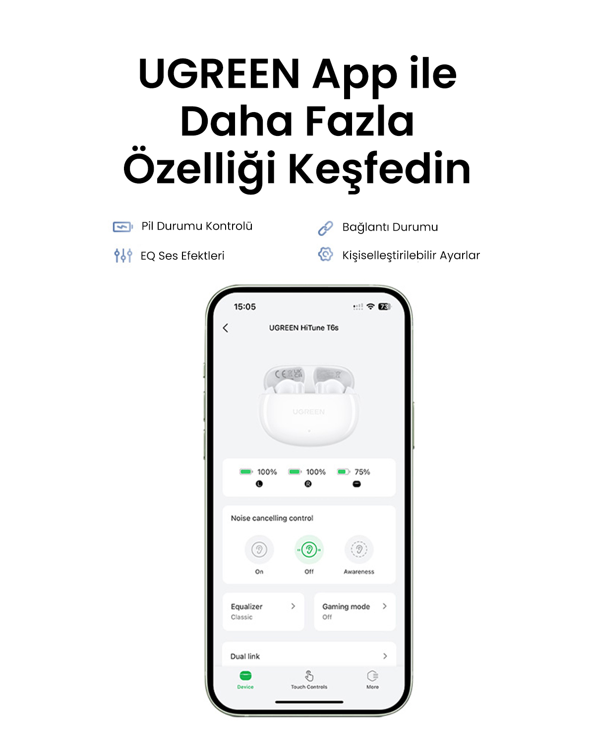 Ekran aplikacji pokazuje ustawienia słuchawek UGREEN: bateria, redukcja hałasu, equalizer.