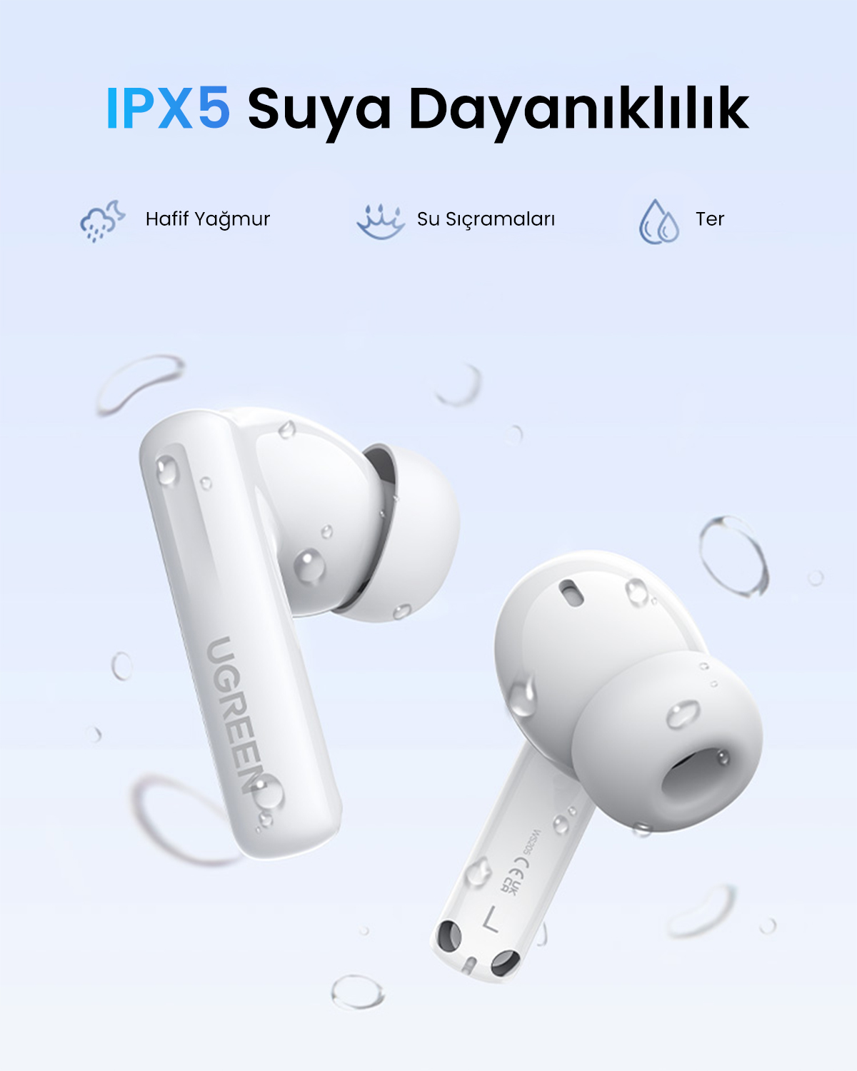 Białe słuchawki z kroplami wody, wodoodporność IPX5.
