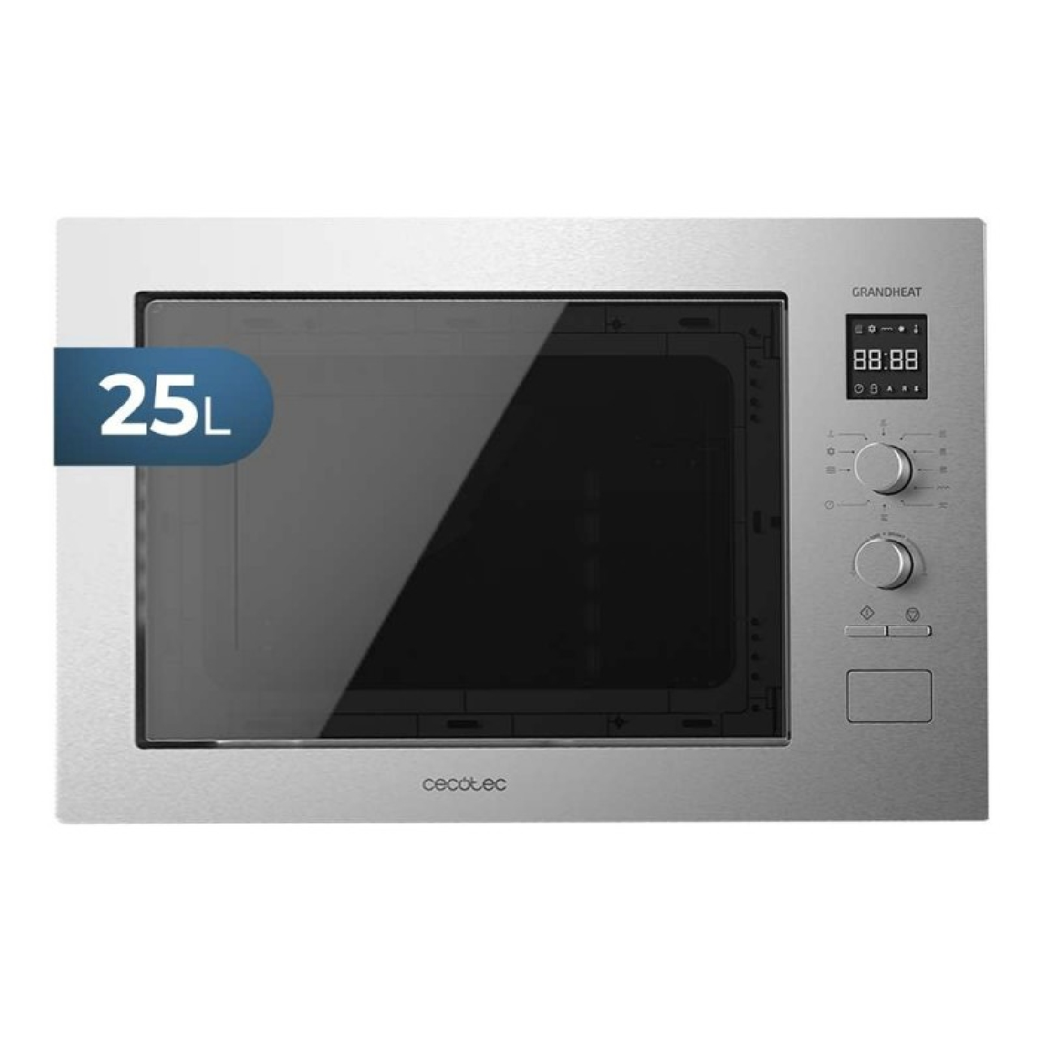 Srebrna kuchenka mikrofalowa Cecotec o pojemności 25L z cyfrowym wyświetlaczem.