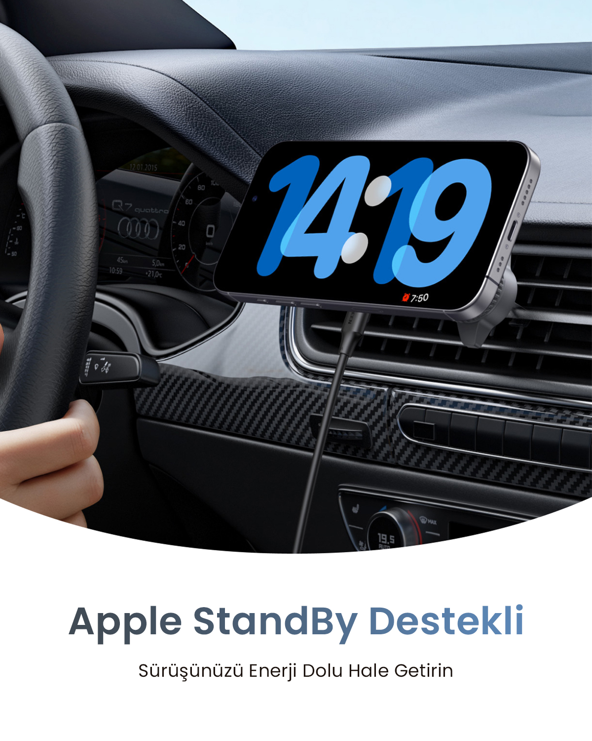iPhone wyświetlający 14:19 jest zamontowany na desce rozdzielczej samochodu.