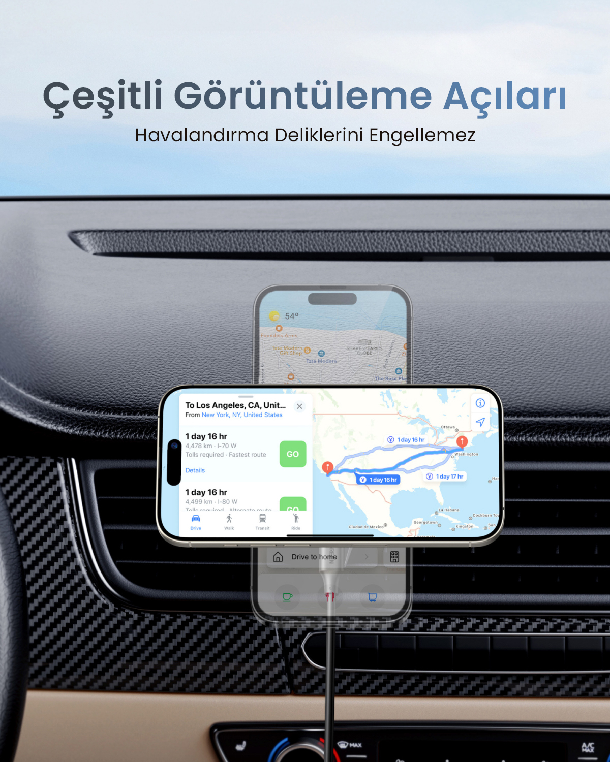 Smartfon wyświetla aplikację nawigacyjną podróży z Nowego Jorku do Los Angeles.
