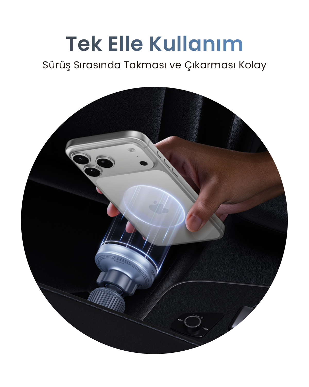 Ręka trzymająca smartfon nad ładowarką samochodową, oba w okręgu.