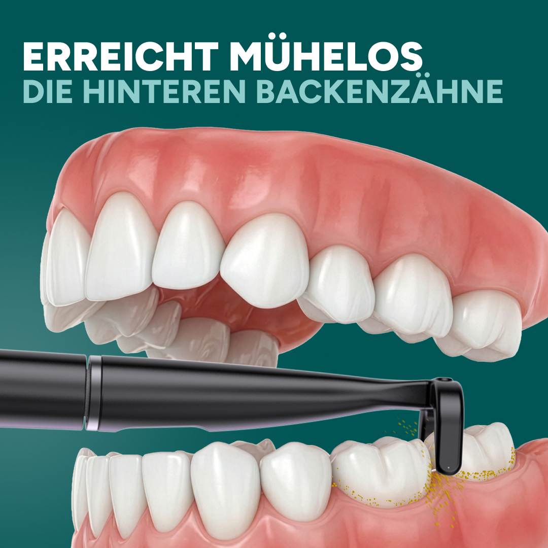 Zahnreiniger reinigt Zähne mit gelben Partikeln. Oberkiefer und Unterkiefer sichtbar.