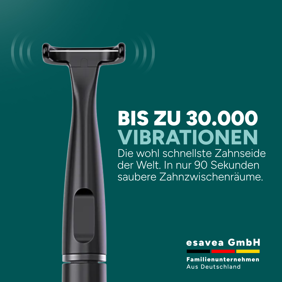 Ein schwarzes, vibrierendes Zahnreinigungsgerät mit Text, der 30.000 Vibrationen verspricht.