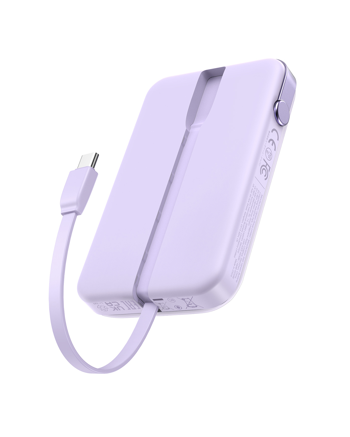 Lawendowa powerbank z kablem USB-C.