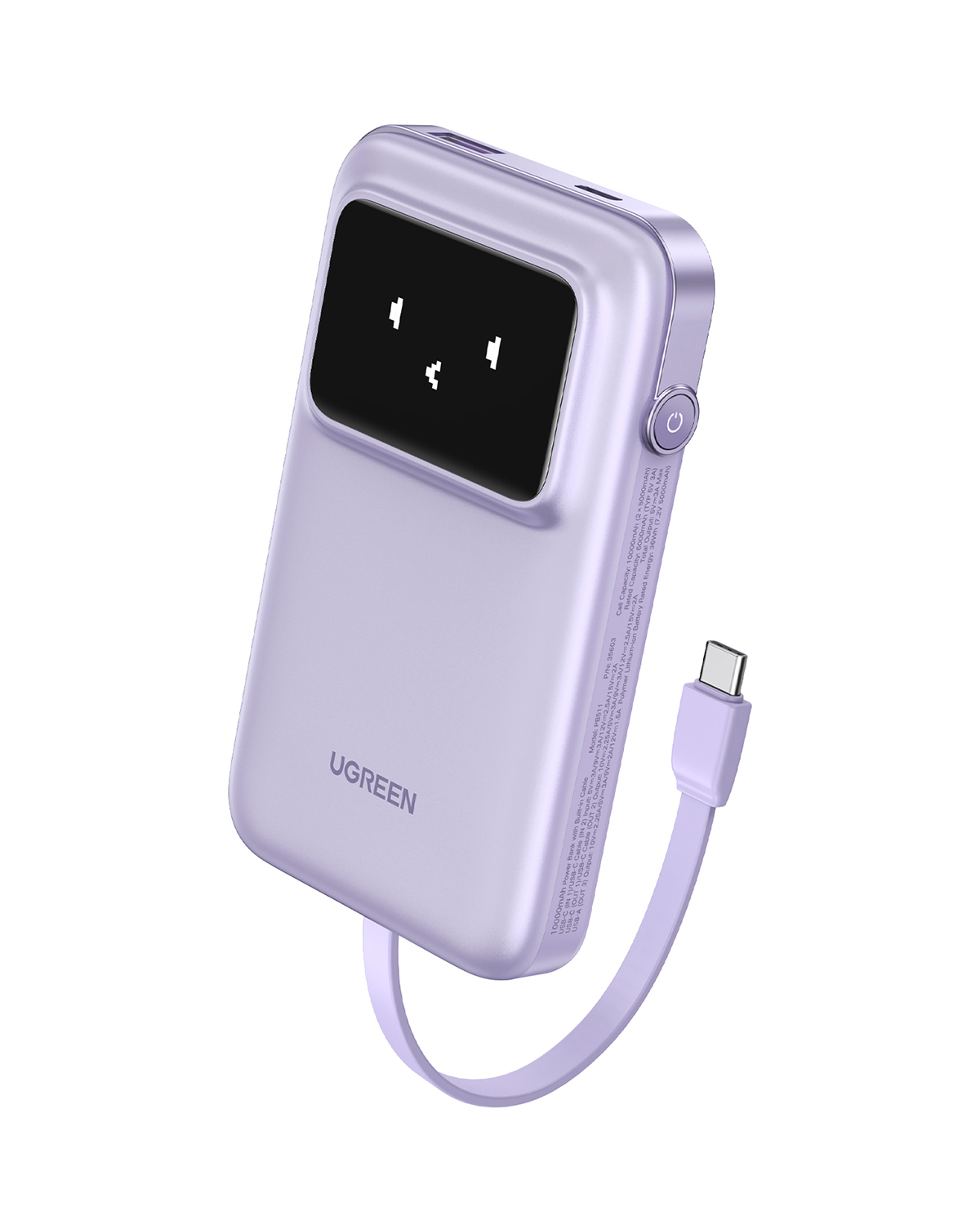 Fioletowy power bank z ekranem wyświetlającym prostą twarz.