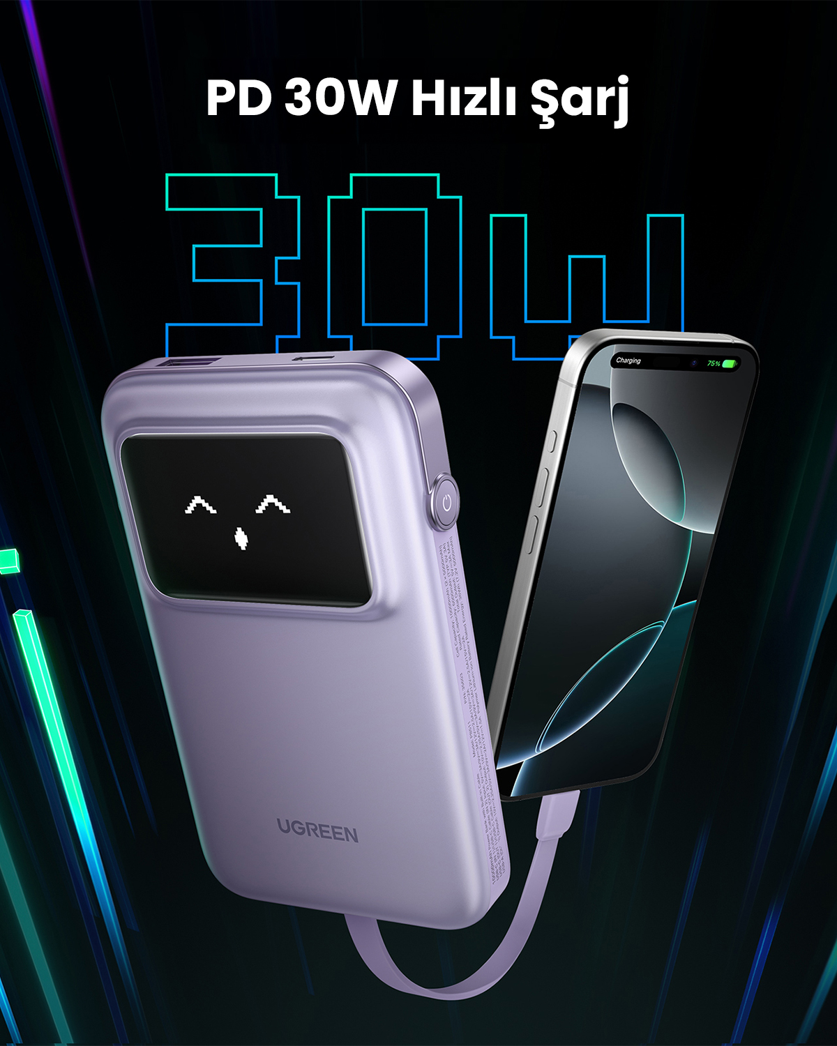 Fioletowy power bank ładuje smartfon z szybkim ładowaniem 30W.