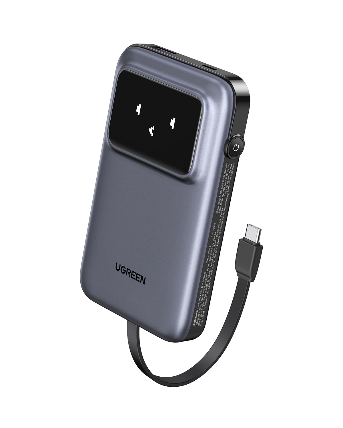 Szary power bank UGREEN z wbudowanym kablem i małym ekranem.