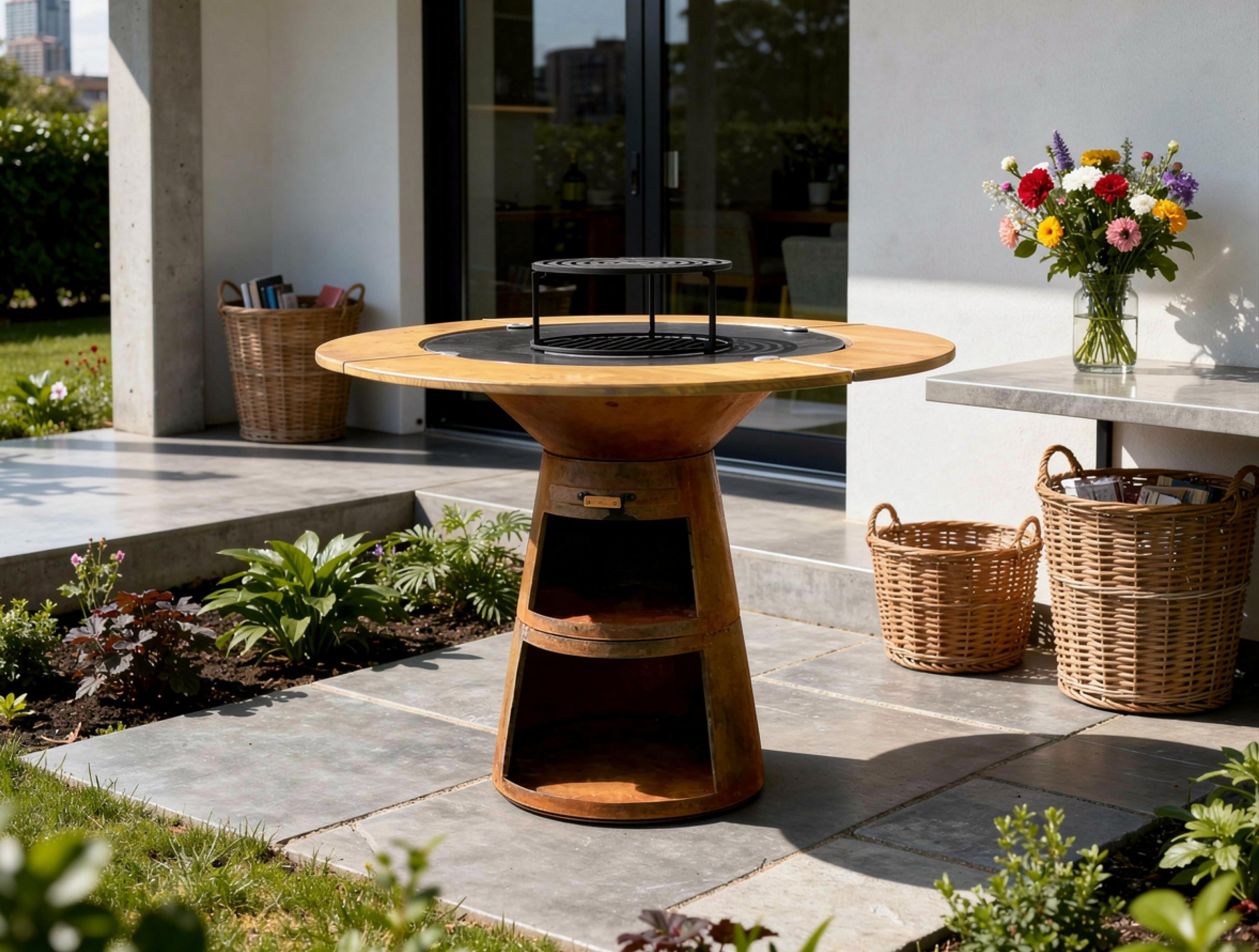 Runder Holztischgrill mit Metallbasis, daneben Körbe und Blumen.